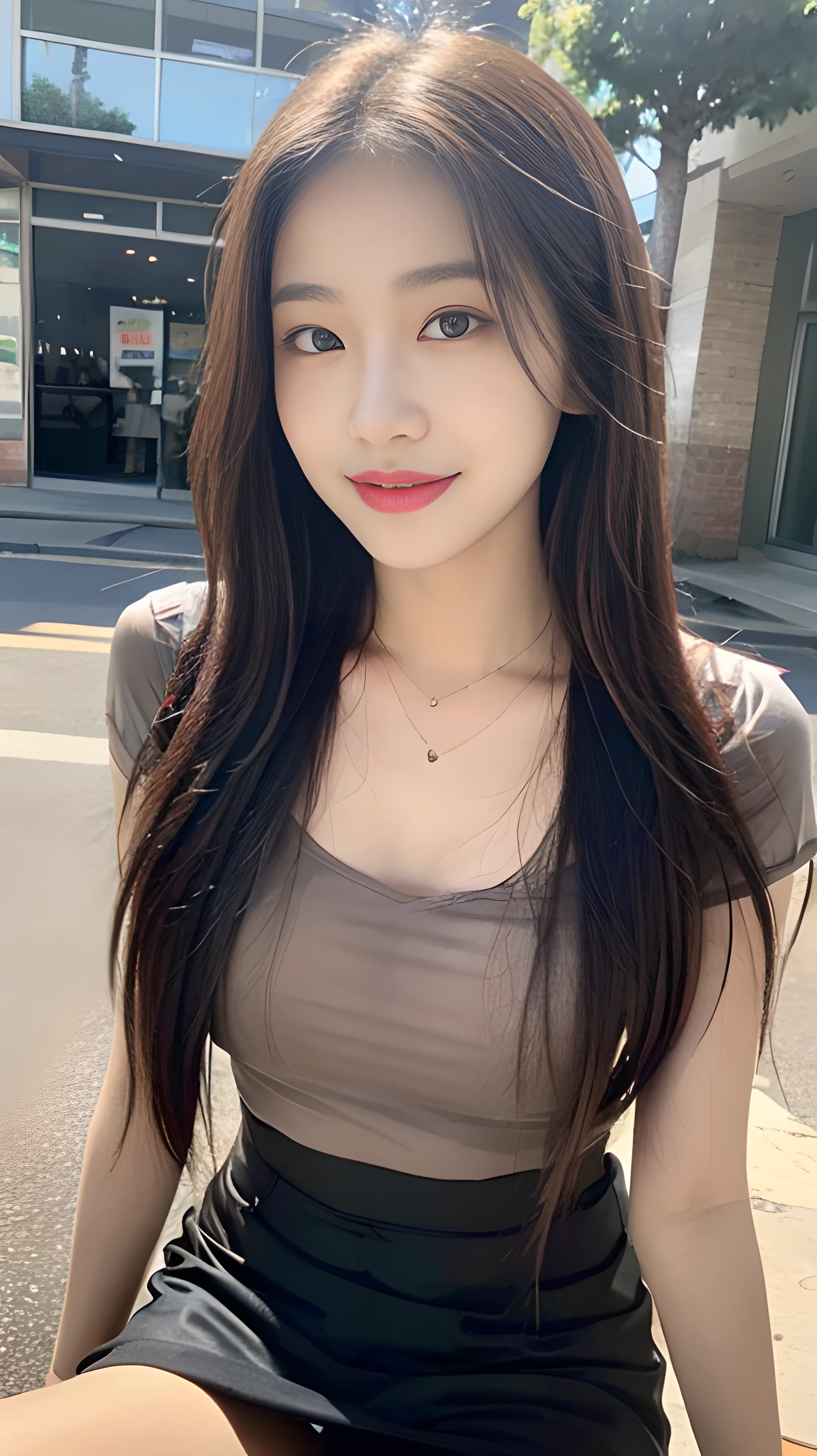 (1 cute Korean star), ((best quality, 8k, masterpiece: 1.3)), focus: 1.2, perfect body beauty: 1.4, ((air bangs: 1.2)), (night, street:1.3), highly detailed face and skin texture, fine eyes, double eyelids, whitened skin, (long hair: 1.3), (round face: 1.5), (short skirt black silk, cool top matching: 1.6).  Smile, in the field