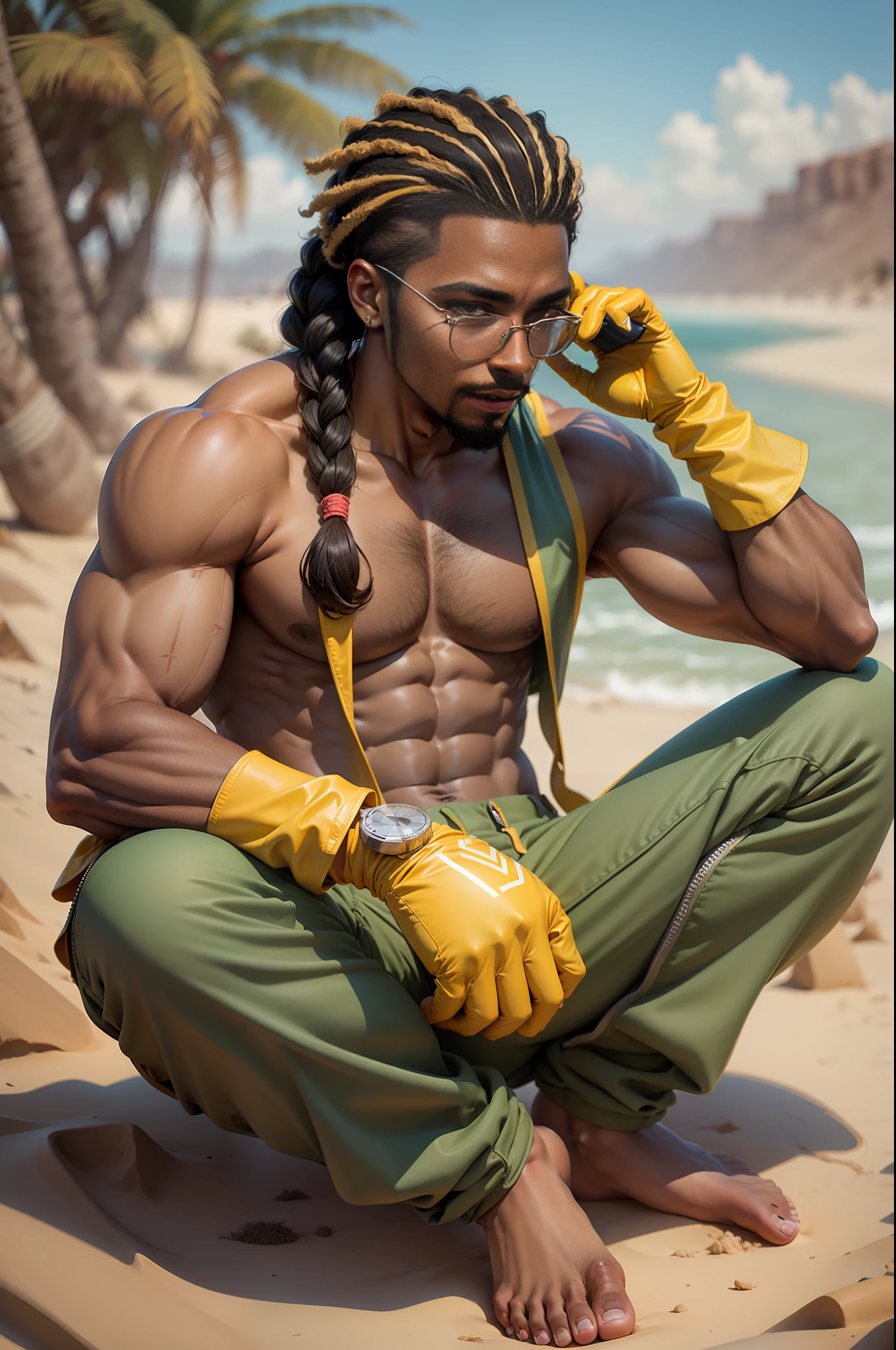 Black man in braid without a shirt, wearing baggy colored pants, yellow gloves, on a desert island