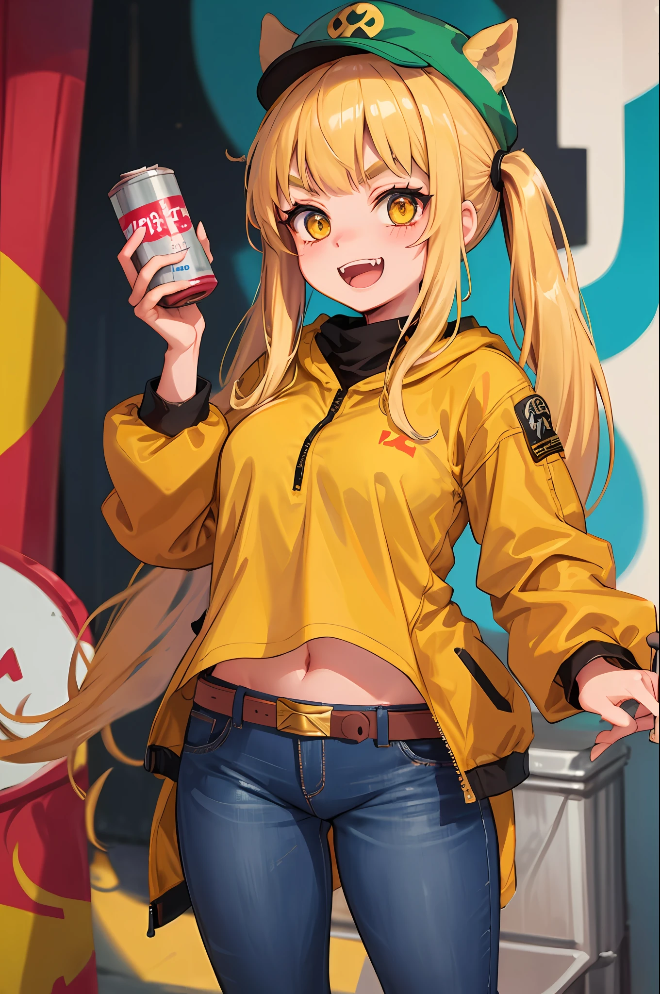 Original Character, Volumetric Lighting, Best Shadows, Shallow Depth of Field, Portrait Of Stunningly Beautiful Girl, Petite, Delicate Beautiful Attractive Face With Alluring Yellow Eyes, Messy Painted Face, Sharp Eyebrows, Broadly Smiling, Open Mouth, Fangs Out, Lovely Medium Breasts, Layered Long Twintail Blond Hair, Blush Eyeshadow, Thick Eyelashes, Applejack Hat, Oversized Pop Jacket, Mini Underboob Tee, Open Navel, Slim Waist, Denim Jeans Pants, With Buckle Belt, In The Graffiti Alley, Waste Container, Outside Stairs, Outdoor Unit, Holding Spray Paint Can, Standing, (Highest Quality, Amazing Details:1.25), (Solo:1.3), Brilliant Colorful Paintings