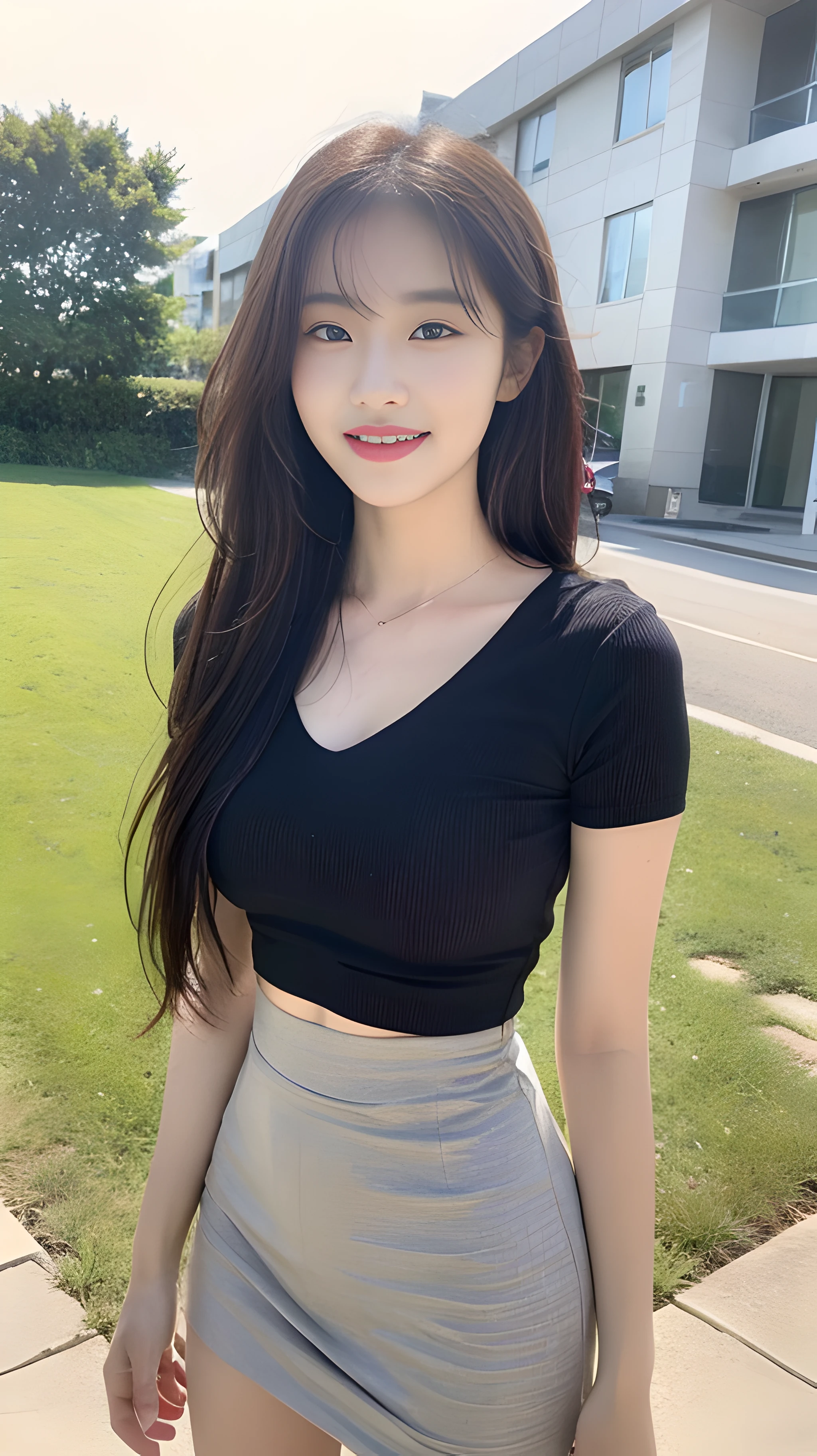 (1 cute Korean star), ((best quality, 8k, masterpiece: 1.3)), focus: 1.2, perfect body beauty: 1.4, ((air bangs: 1.2)), (night, street:1.3), highly detailed face and skin texture, fine eyes, double eyelids, whitened skin, (long hair: 1.3), (round face: 1.5), (short skirt black silk, cool top matching: 1.6). Smile, in the field