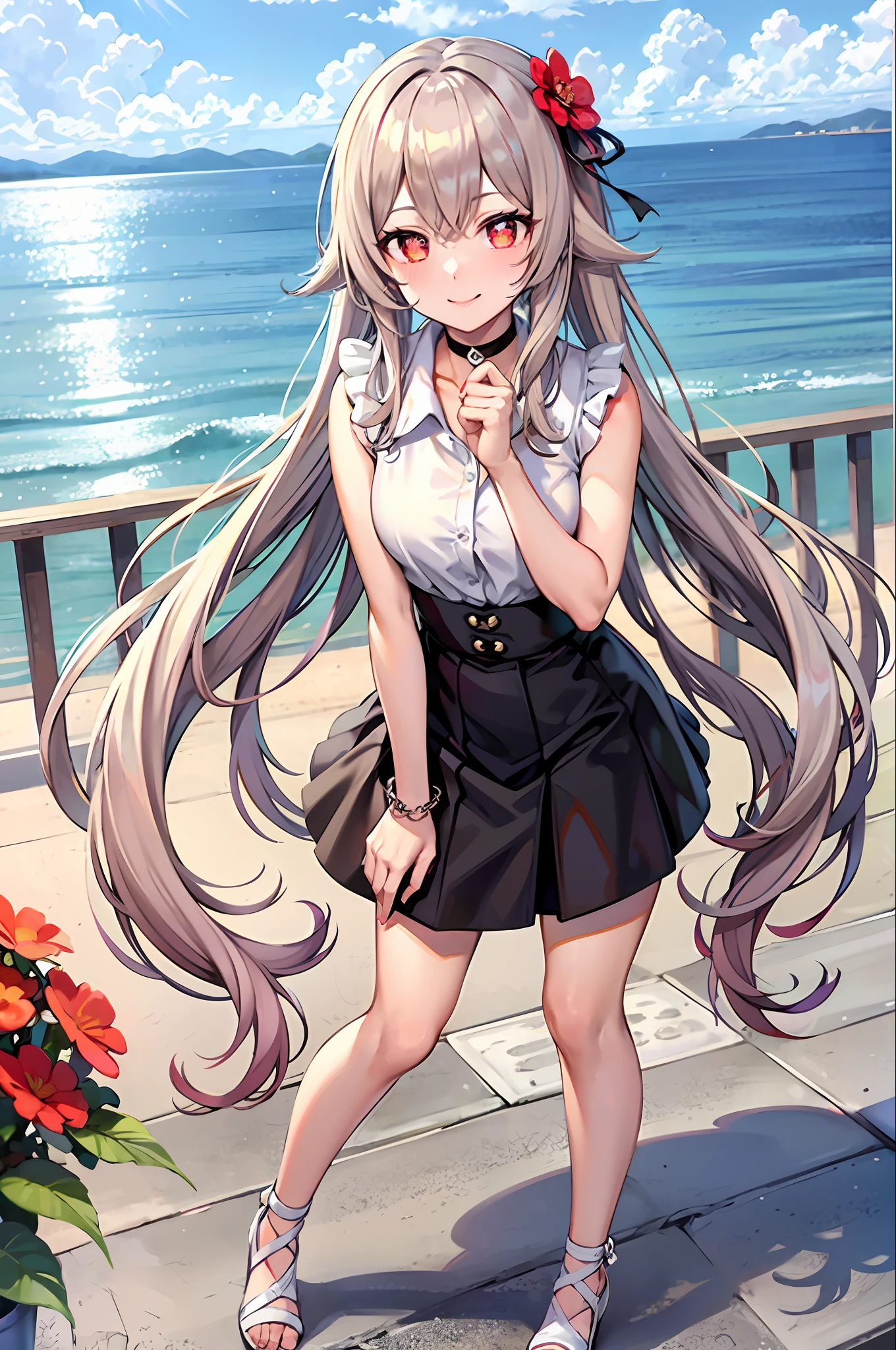 best quality, ultra high res, 1girl, sleeveless white button shirt, black skirt, black choker, cute, (aegyo sal:1), (platinum blonde hair:1), ((puffy eyes)), look at me, full body, smile at me, red eyes, flower pupils, sweet, beautiful, cute, caring, shy, love me with all her heart