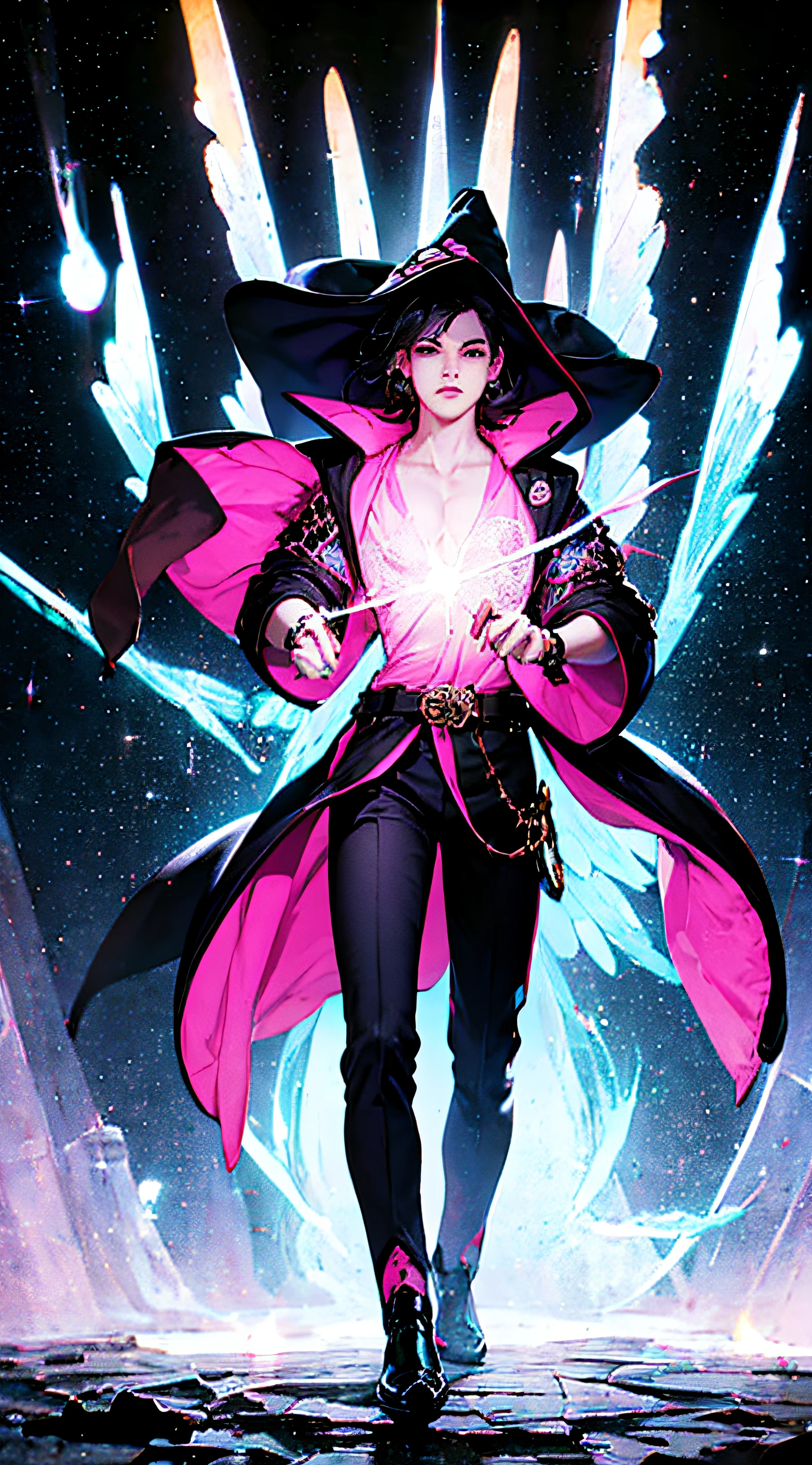 (masterpiece, superior quality, best quality, official art, beautiful and aesthetic), Brazilian, black, detailed face, sexy body, long black hair, full body, violet top and pants, celestial, cosmic, extremely beautiful, highly detailed , (galactic in background), light effects, more detailed, floating particles, ancient runes, geometric patterns, witch powers, mana, shadows, fog, smoke, fantasy, charm, epic atmosphere