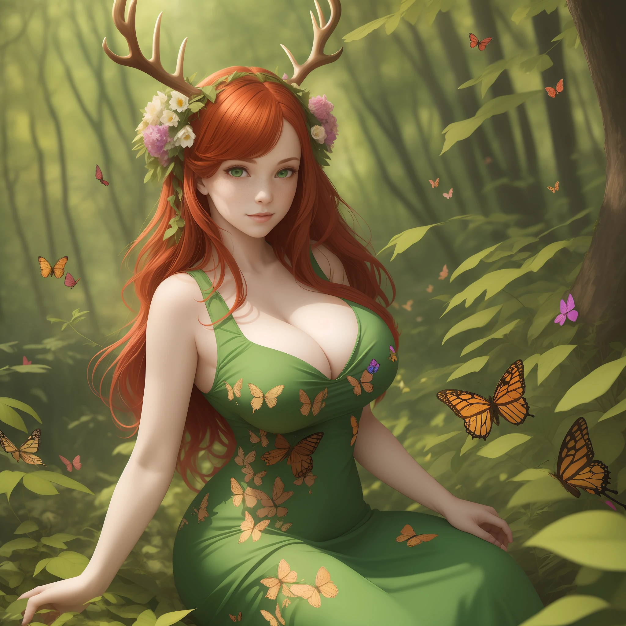 one adult woman with Antlers and Bright Red hair wearing a Short green dress made of leaves and flowers with butterflies all around her. Butteflies in her hair. she has lots of freckles. She has big boobs and is thicc. Posing in a woodland setting surrounded by butteflies