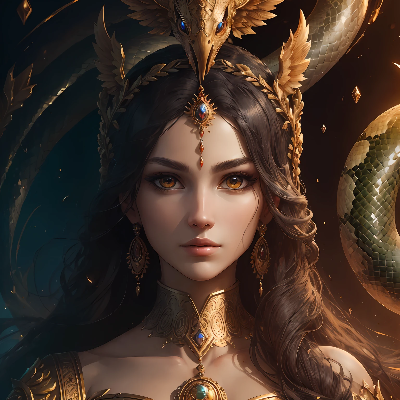 Create a high-quality, realistic masterpiece depicting a wild-looking goddess, half woman and half snake. The snake's face must be humanized, conveying an intriguing mix of serpent and feminine beauty. The body of the goddess is to be depicted in its entirety, displaying entwined serpents that form her hair, with numerous small heads of human women. Your eyes should be green and expressive, highlighting your divinity. The goddess should be depicted in an imposing pose, with a sculptural metal top that highlights her royal aura. The image should be a highly detailed digital illustration, with sharp focus and professional rendering in 4K. The photo should be taken in a studio, capturing all the intricate details of the goddess's design. This image is sure to be an impressive work of art, with a tendency to stand out in ArtStation due to its unique style and meticulous detail. --auto