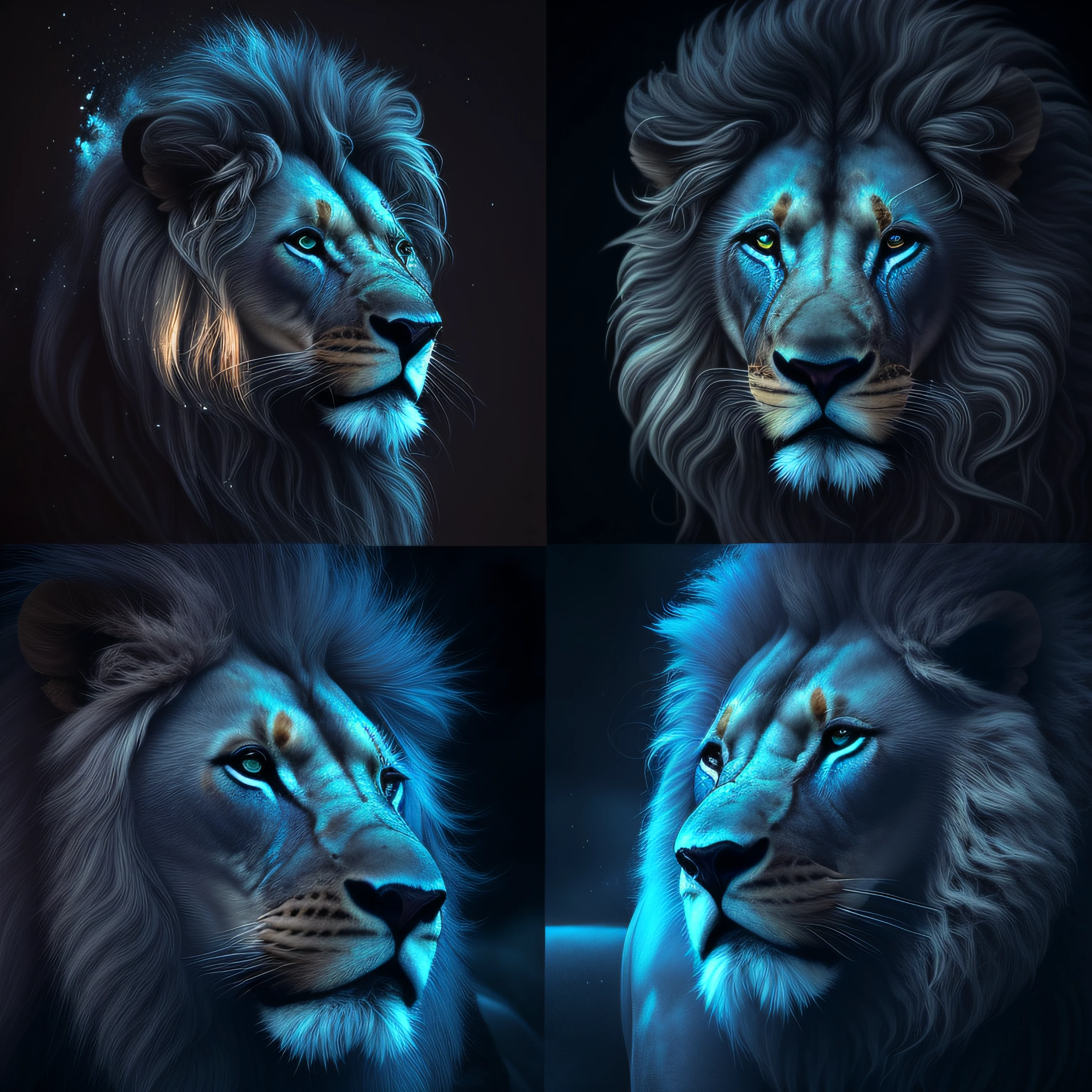 A lion with bright manes are shown on a dark background, roaring blue lion. majestic, by Adam Marczyński, beautiful digital art, lions, epic digital art illustration, highly detailed 4k digital art, highly detailed digital art, amazing digital art, stunning digital illustration, animal photo digital art, amazing digital art, 4k detailed digital art
