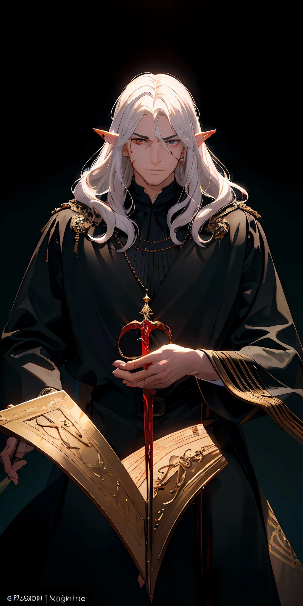 Man, 30 years old, short hair, white hair, red eye, grumpy, sacred clothes, no facial hair, necklace with blood cross, blood spear in right hand, dark clothes