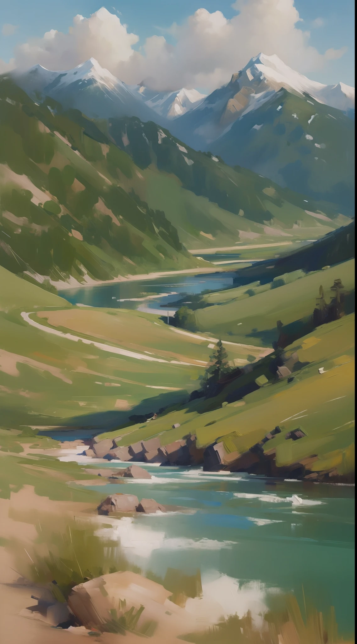 painting of a mountain scene with a river and a road, mountainscape, mountainside, tall mountains, mountain valley, mountains, mountainous, large mountains in back, gigantic mountains, majestic mountains, mountains in a background, mount olympus, traveling through the mountains, massive mountains, moutains, large mountain, background mountains, mountainous background, epic mountains, valley