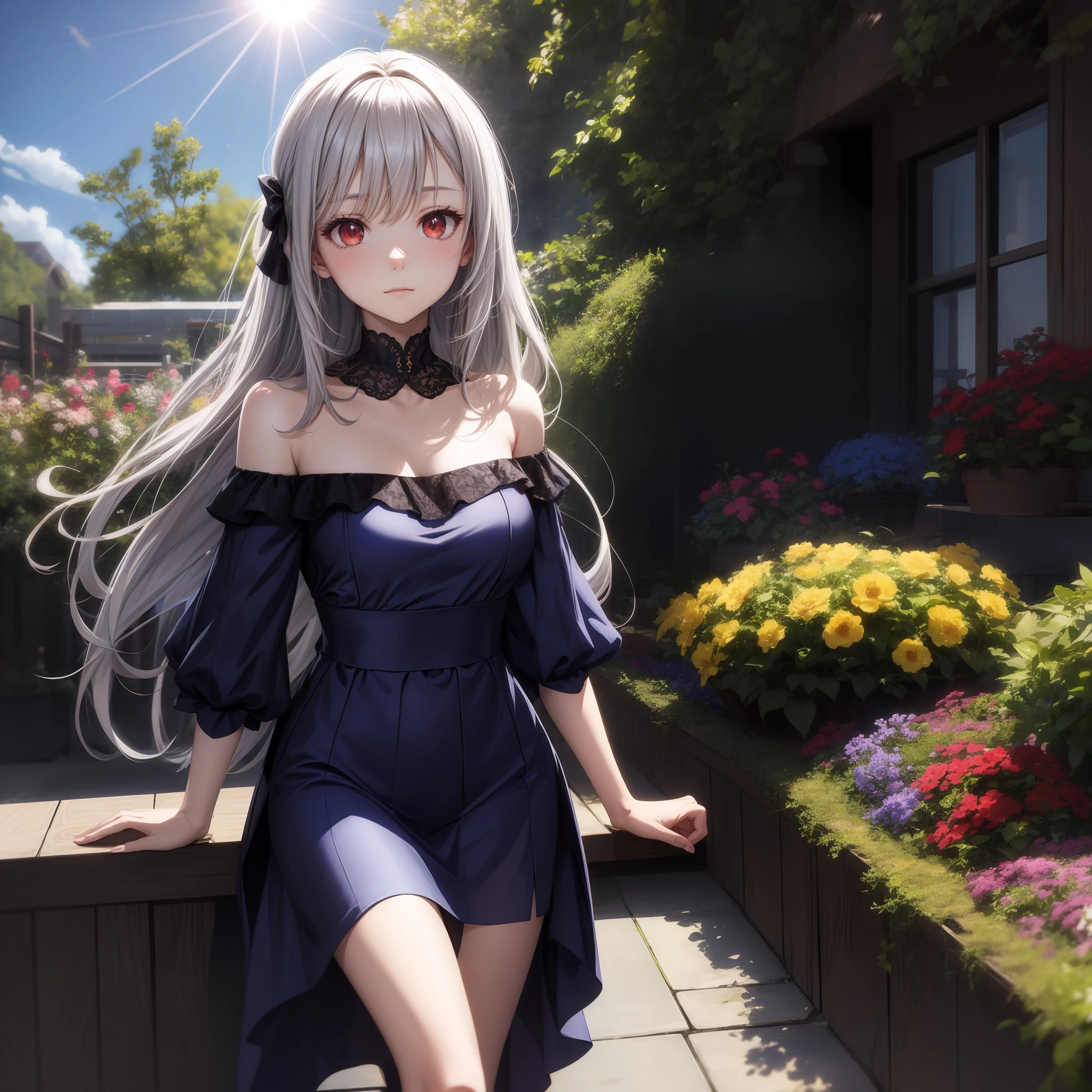 anime, girl single, gray hair, red eyes, blue dress, off-the-shoulder, sunlight, sun, flower garden