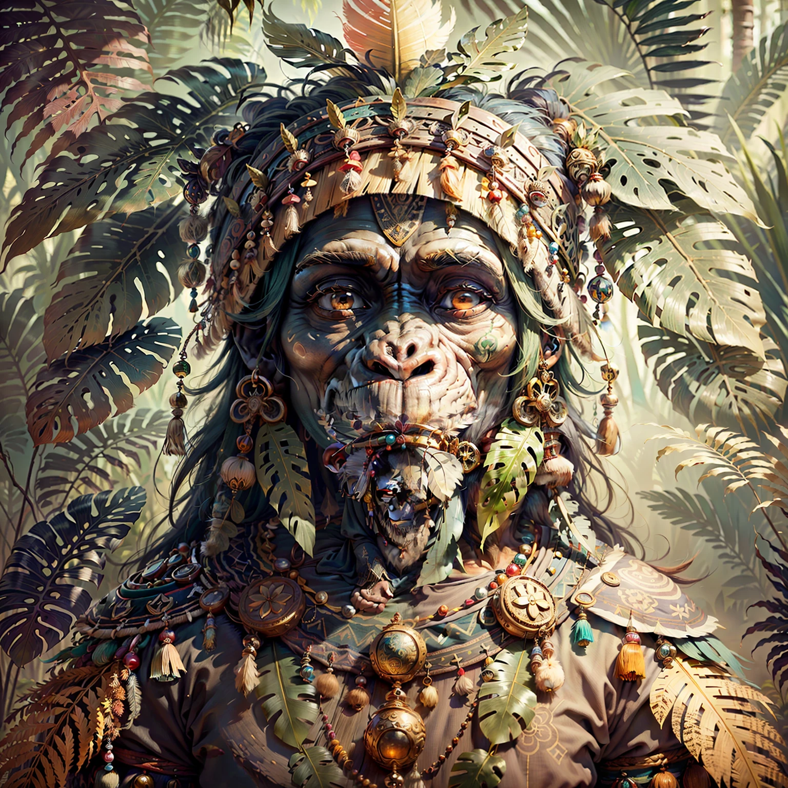 Cheerful Chimpanzee Head ((Shaman)),((meditative state),,Shaman, elegant chimpanzee, hair with details, with Indian headdress on head, ((meditating)) many colorful feathers, colored feathers, facing the camera, detail: dense tropical foliage, highly detailed intricate, ((masterpiece)), ultra hyperrealistic, masterpiece