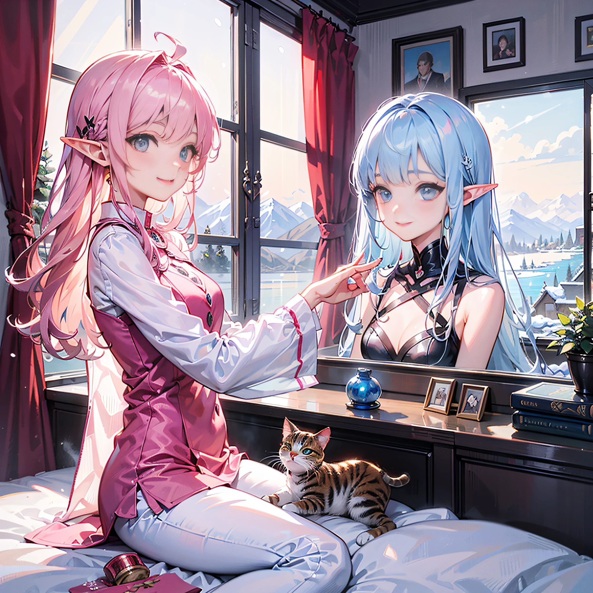Masterpiece, skeleton faithful to human anatomy, detailed illustration, waterside, fantastic landscape, vertical elliptical face, young cute beauty elf, thin long ears, pink long hair, straight hair, jade colored eyes, realistic eyes, smile, girl in white pajamas, one girl, one cat, playing with children's calico cat, on the bed, snowy landscape outside the window,