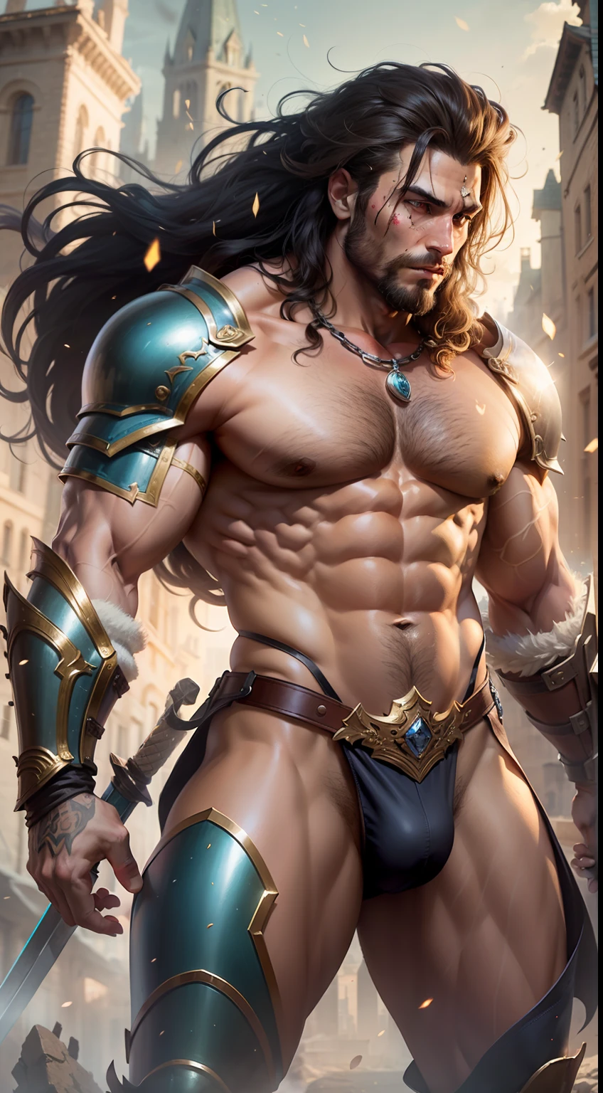 warrior man with big sword, muscular man of micro loincloth with bulge, sword in hand, bulge in micro loincloth, city background, bright and gleaming sword, quality image, best quality, in attack position, realistic details, magic particles, whole body image, clothes with golden details, long hair tied, scar on face, image catching all body,  boots with golden details, blood particles, golden armor, uncovered abdomen, micro leather thong, scar on chest, part of leather armor, manly man, man with big hair, big bulky muscles, whole body, medieval scenery, photo particles, rays of sunlight in the background, full body image, whole glass appearing in photo, medieval city background,  Medieval setting, hair flying in the wind