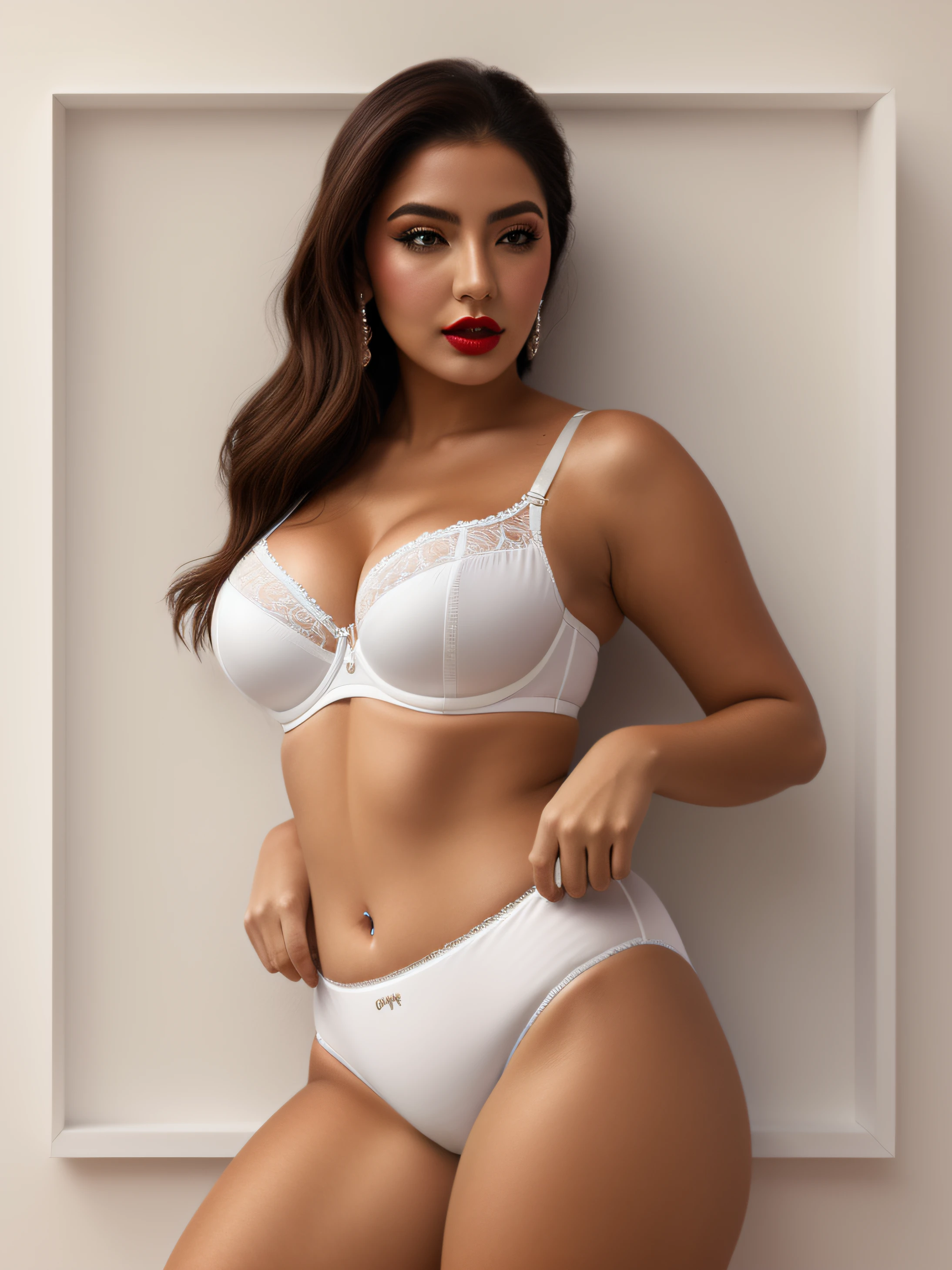 Curvy Hispanic woman, in white bra, pulling up white cotton panties, wearing eye-shadow and lipstick, photo realistic, intricate details