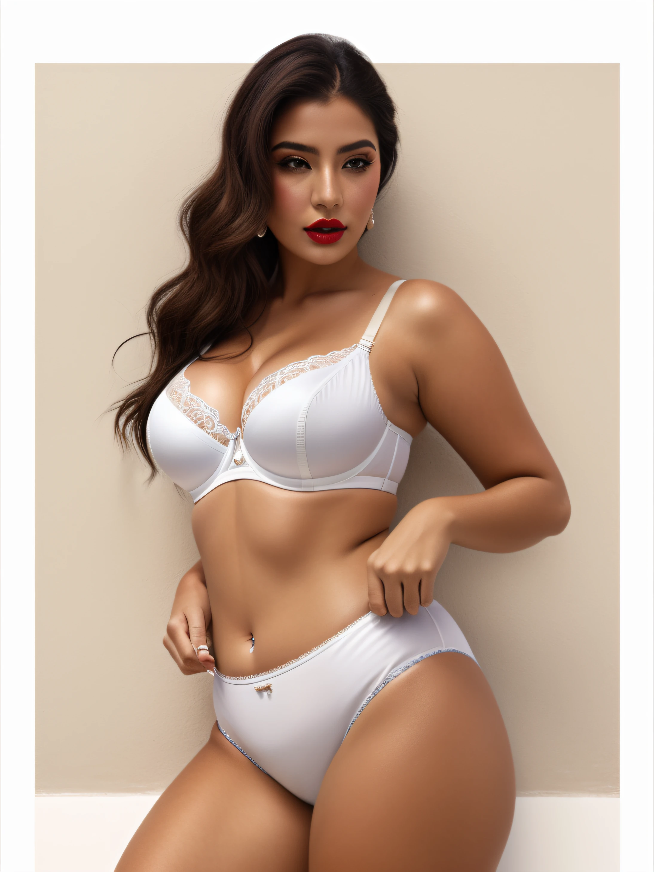 Curvy Hispanic woman, in white bra, pulling up white cotton panties, wearing eye-shadow and lipstick, photo realistic, intricate details