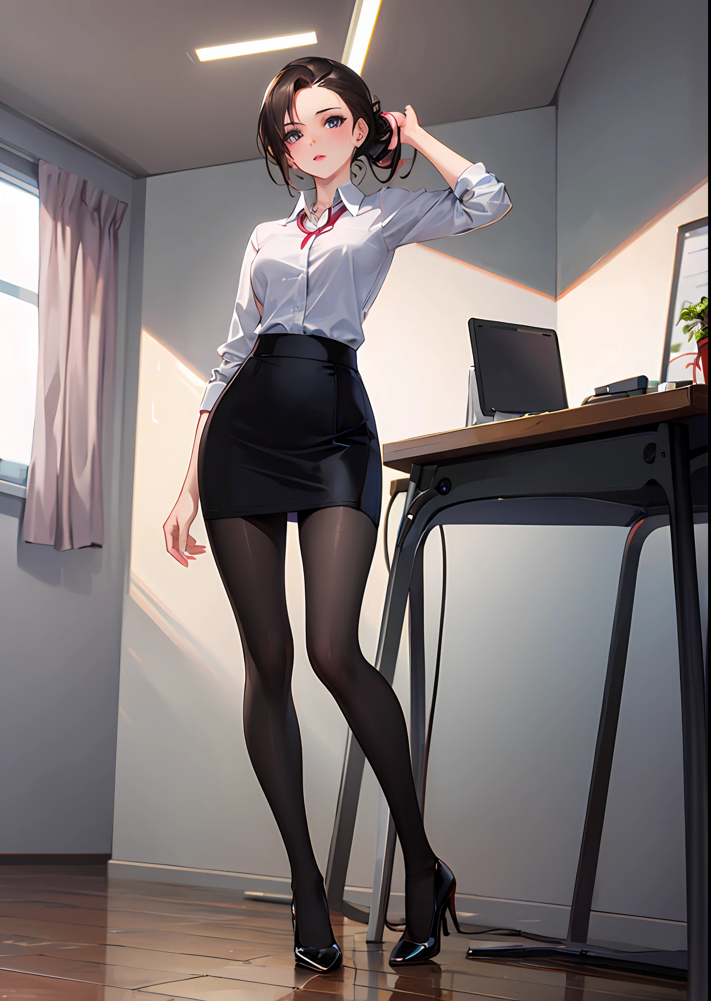 Full body photo of beautiful sexy secretary in very short skirt and seamed stockings, stands_straight, (solo)), adult, office, high heels, craving, strokes_herself, skirt pulled up, hair tied back