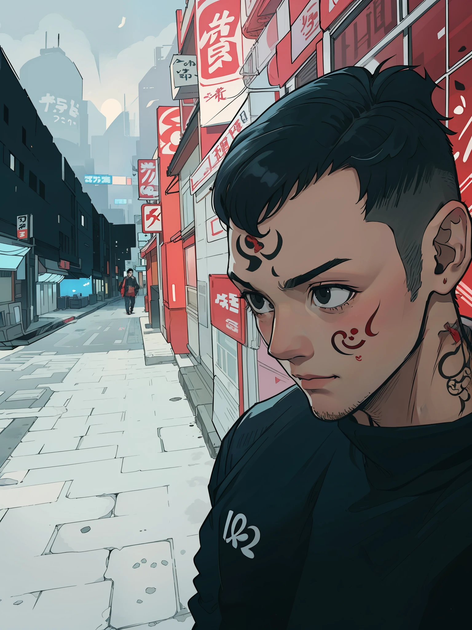 20-year-old boy with Brazilian face and round chin without beard, short hair, crop haircut, black eyes, no pimples on his face and with tattoo under his eye with red ink written love in Japanese, cyberpunk style scenario, 4k, anime 2d