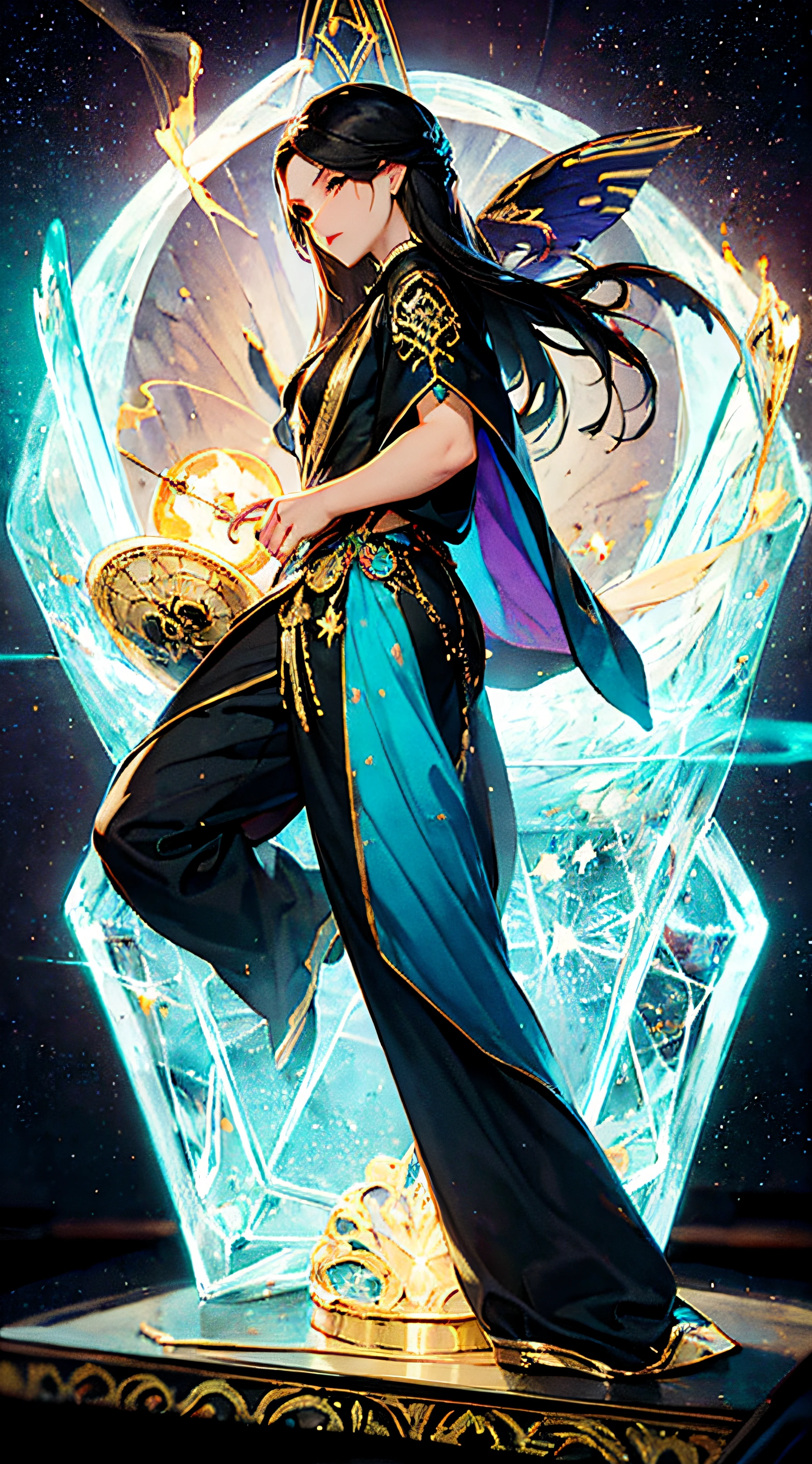 (masterpiece, superior quality, best quality, official art, beautiful and aesthetic), Brazilian, black, detailed face, sexy body, long black hair, full body, violet top and pants, celestial, cosmic, extremely beautiful, highly detailed , (galactic in background), light effects, more detailed, floating particles, ancient runes, geometric patterns, witch powers, mana, shadows, fog, smoke, fantasy, charm, epic atmosphere