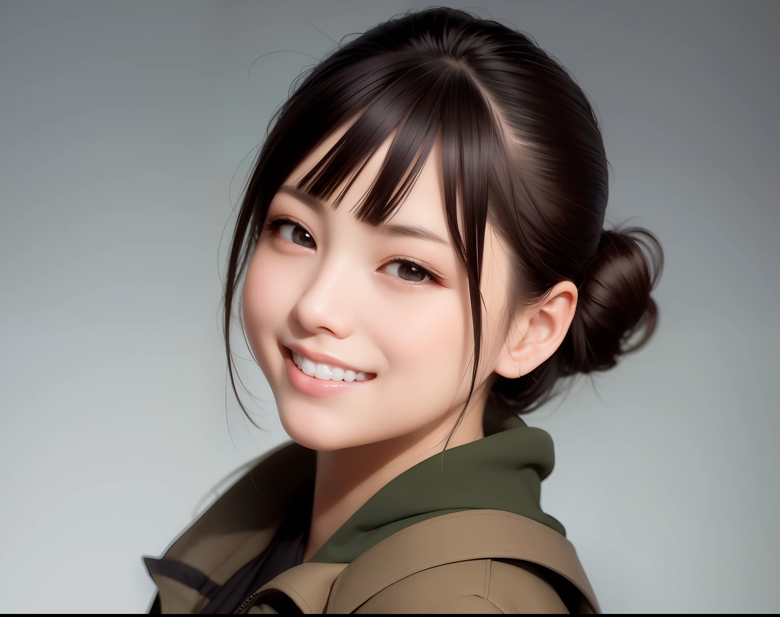 smiling woman with dark hair and green jacket posing for a picture, beautiful japanese girls face, japanese model, portrait of a japanese teen, young cute wan asian face, close up of a young anime girl, a young asian woman, of a youthful japanese girl, neat hair with bangs, portrait of a japanese girl, japanese facial features --auto