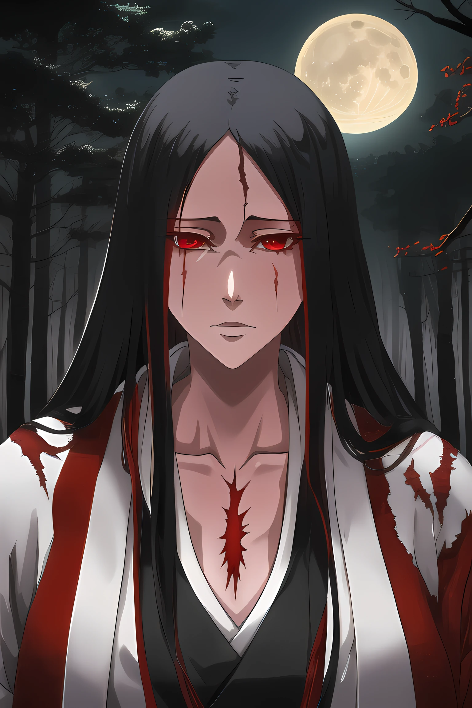 Unohana, solo, white japanese clothes, scar on chest, red eyes, haori, (dark forest:1.2), moon,