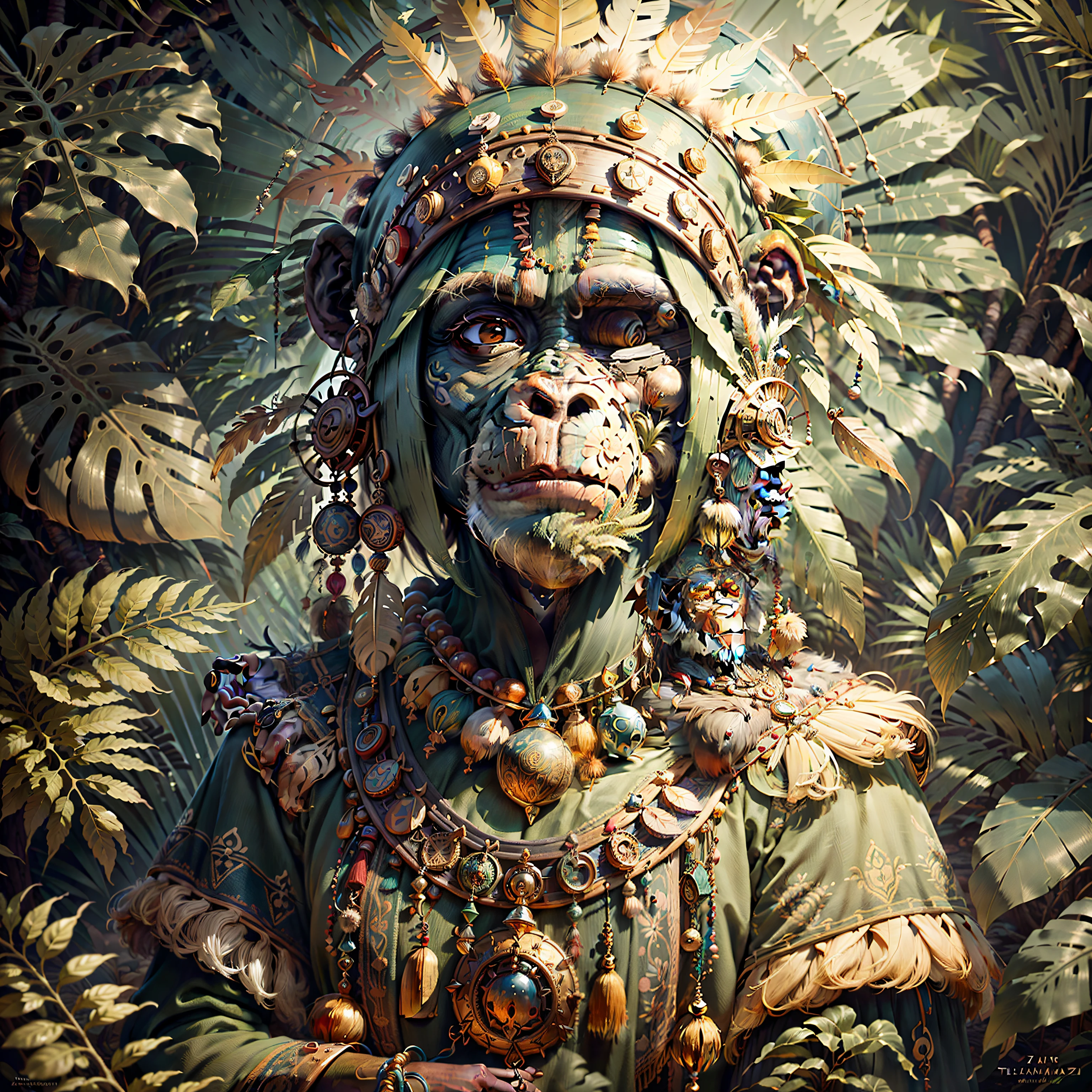 Cheerful Chimpanzee Head ((Shaman)),((meditative state),,Shaman, elegant chimpanzee, hair with details, with Indian headdress on head, ((meditating)) many colorful feathers, colored feathers, facing the camera, detail: dense tropical foliage, highly detailed intricate, ((masterpiece)), ultra hyperrealistic, masterpiece