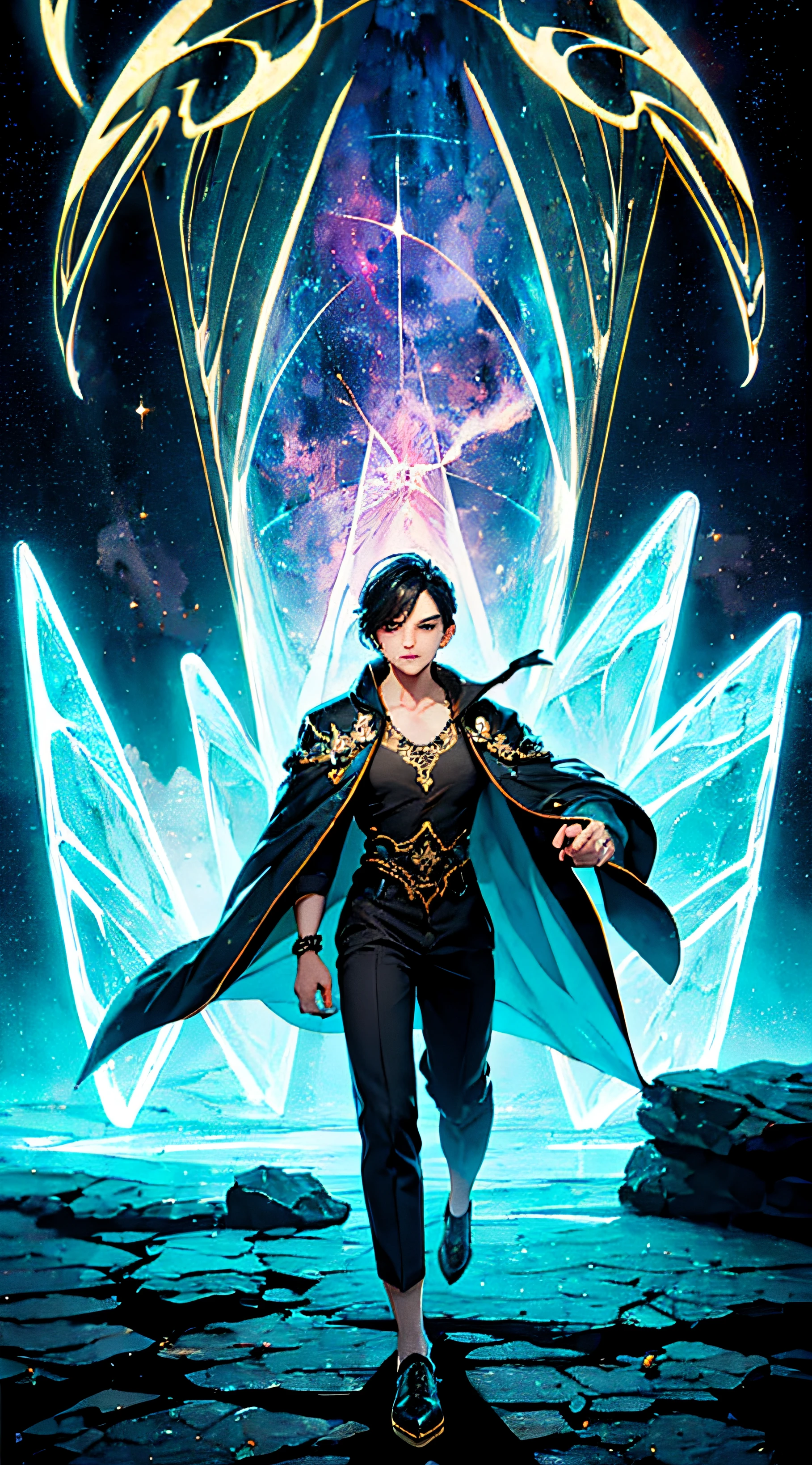 (masterpiece, superior quality, best quality, official art, beautiful and aesthetic), Brazilian, black, detailed face, sexy body, long black hair, full body, violet top and pants, celestial, cosmic, extremely beautiful, highly detailed , (galactic in background), light effects, more detailed, floating particles, ancient runes, geometric patterns, witch powers, mana, shadows, fog, smoke, fantasy, charm, epic atmosphere