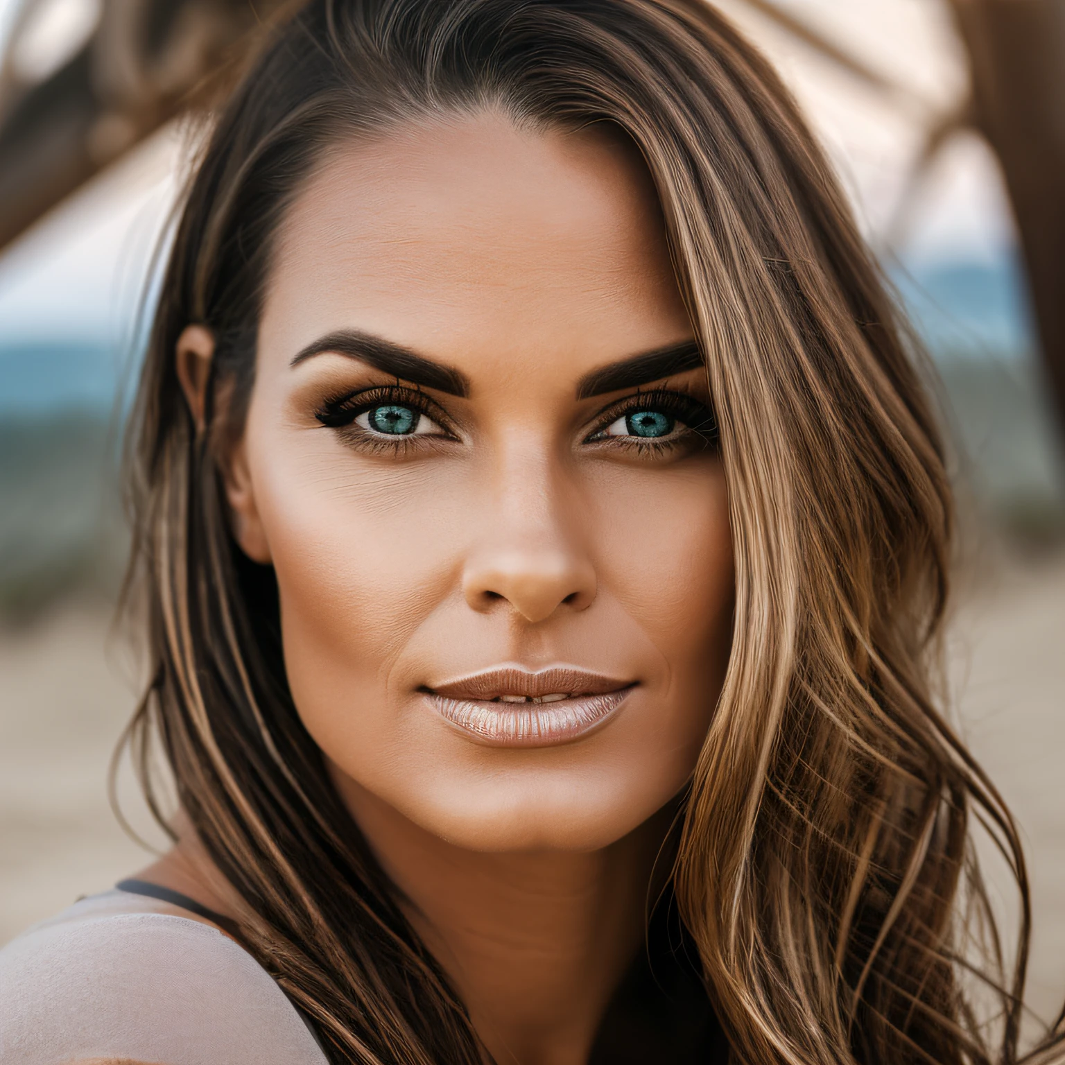 Portrait of exotic beautiful Caucasian woman, 32 years old, wearing fashionable clothes on a beach, perfect detailed face, detailed symmetrical brown eyes with circular iris, realistic, stunning realistic photography, beside, one man, Caucasian, brown hair, 40s , wearing shorts and t-shirt --auto