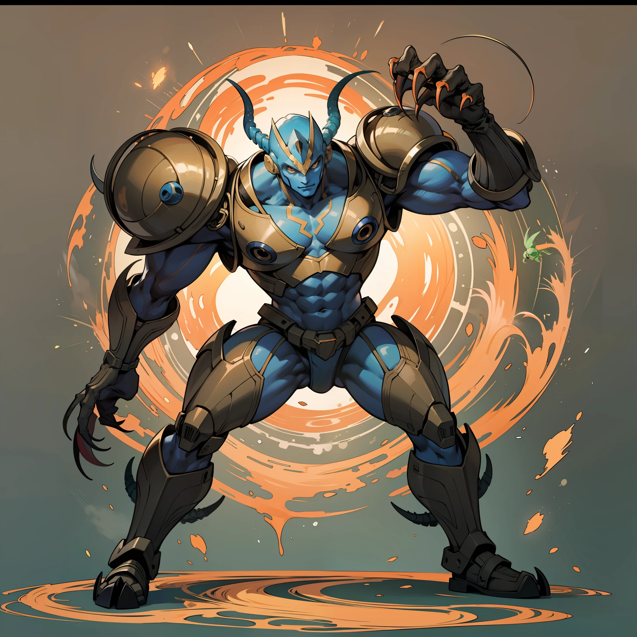 Unusually developed muscular body of black and orange color, cartoon alien with claws and tentacle body, beetle shell, cel shade, Guyver style, full body