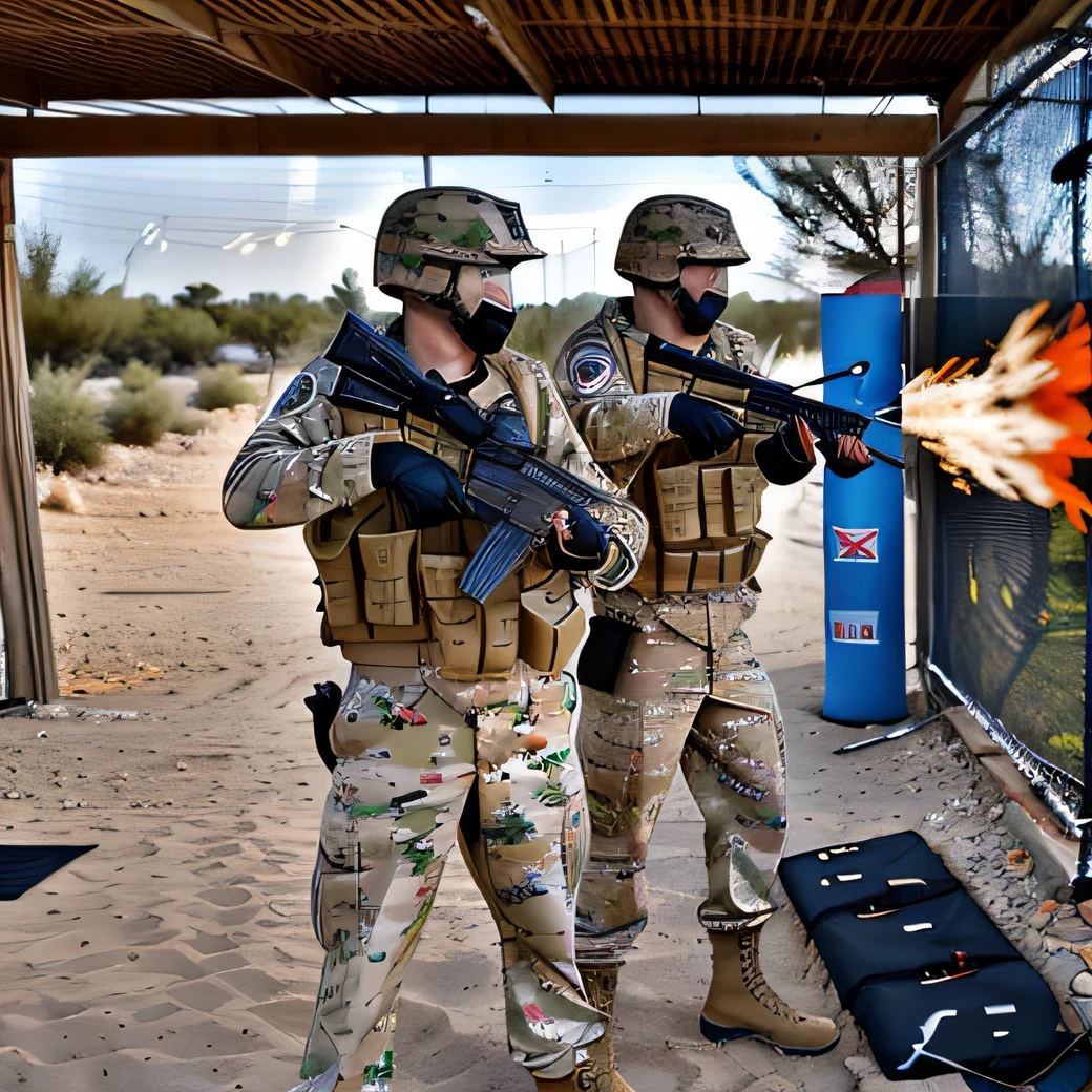 two men in camouflage uniforms are holding paintballs and pointing at them, 🕹️ 😎 🔫 🤖 🚬, softair center landscape, ready for combat, paintball world cup, central shot, airsoft cqb, 2717433015, on a battle field, shooting laser, softair arena landscape, shooting, in game