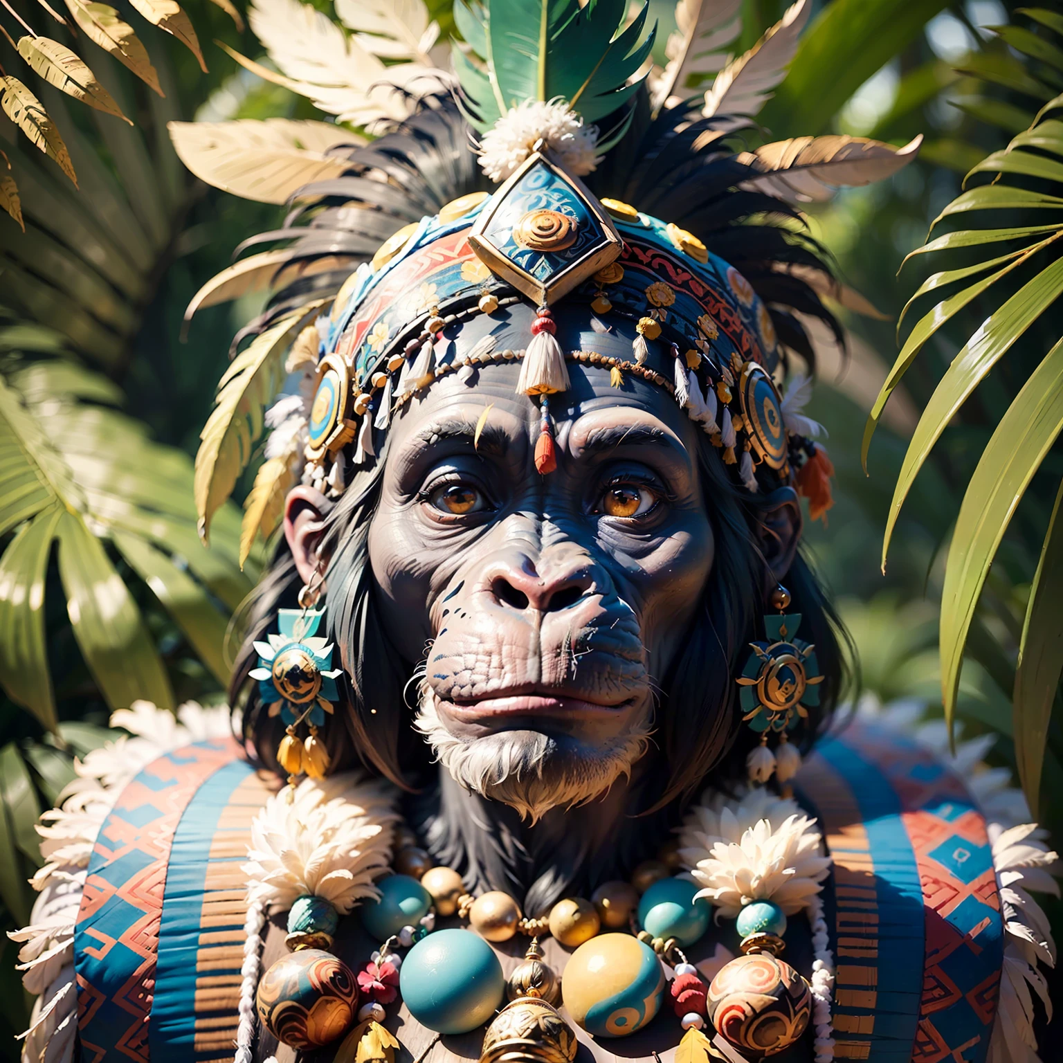 Cheerful Chimpanzee Head ((Shaman)),((meditative state),,Shaman, elegant chimpanzee, hair with details, with Indian headdress on head, ((meditating)) many colorful feathers, colored feathers, facing the camera, detail: dense tropical foliage, highly detailed intricate, ((masterpiece)), ultra hyperrealistic, masterpiece