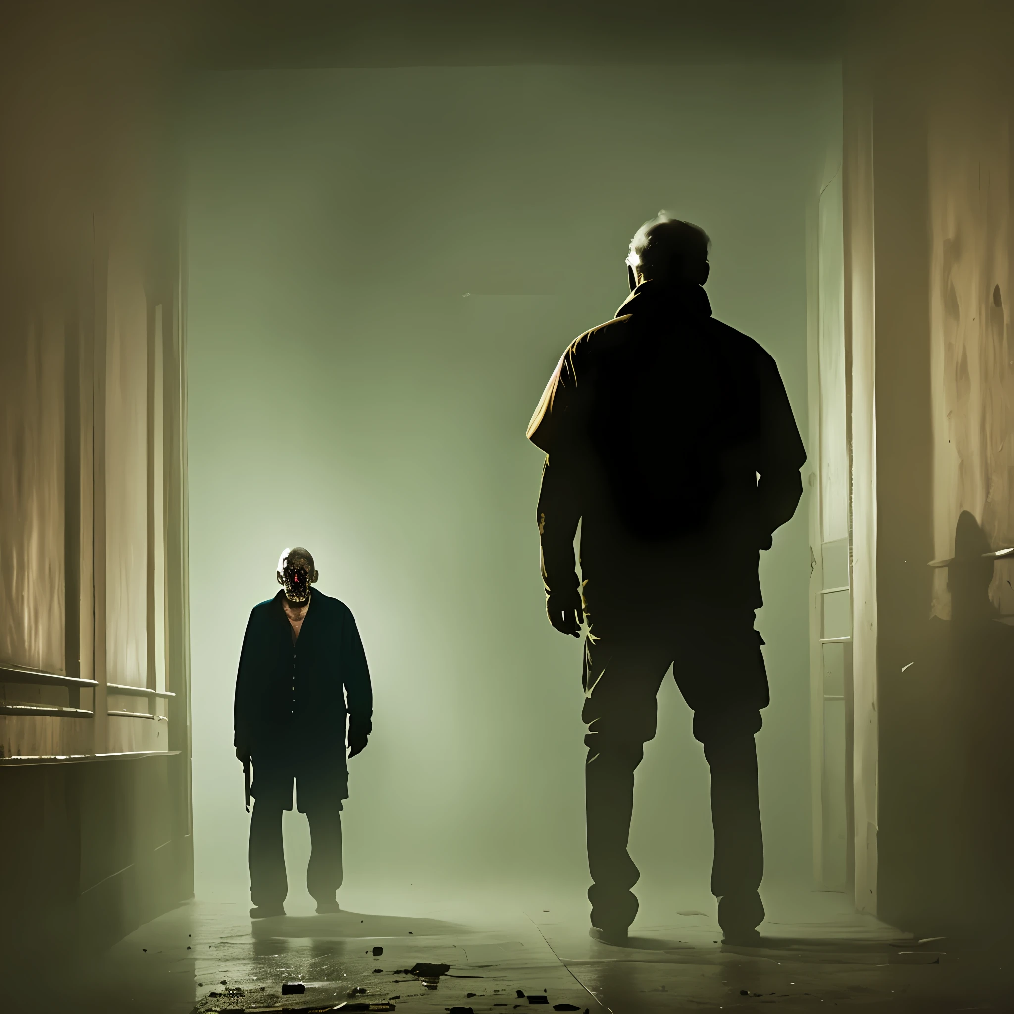 A middle-aged man with a beard and a face marked by wrinkles. Thin and defined body with scars, the man wears a camouflaged outfit and has an axe in his hands. , dynamic lighting, photorealistic, trends in the art station, stunning visuals, hazy, creative, cinematic, ultra detailed, atmospheric, ambient lighting, scary art, bad quality, heavy film grain, desaturated, dark tones, horror, terror, nightmares.