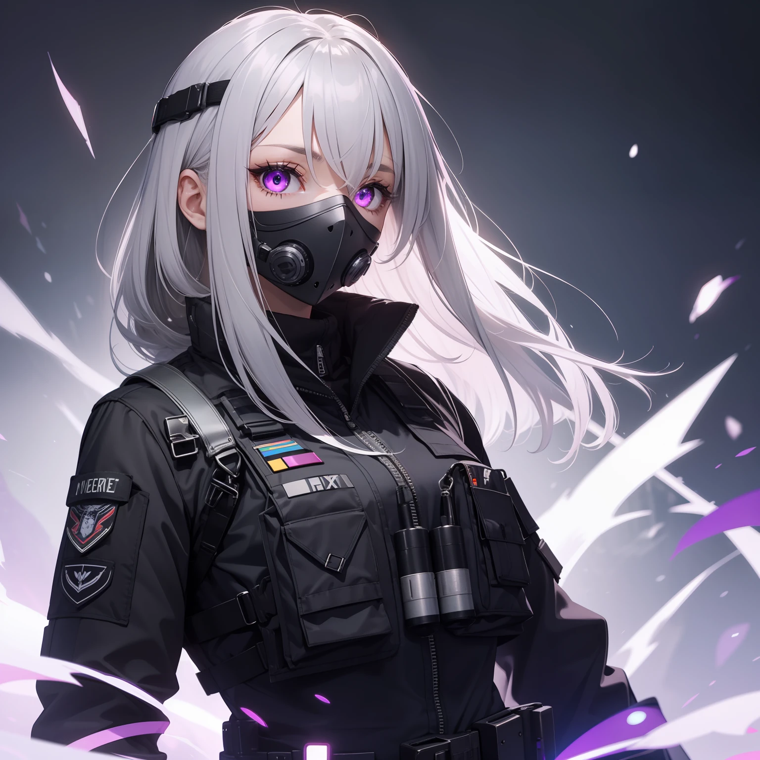 1girl, long gray hair, military gear, tactical vest, black clothes, metallic oxygen mask, black gloves, glowing purple eyes, mechanized
