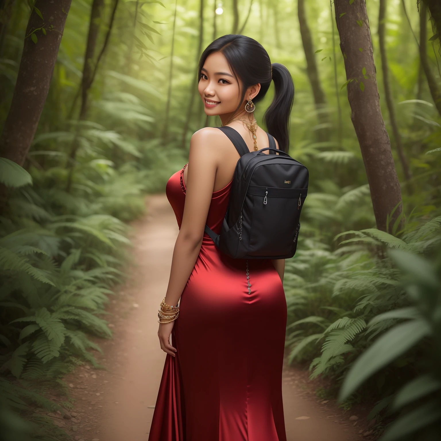 (photorealistic:1.1) Young Indonesian woman looking back over her shoulder and smiling while hiking in a dense forest, long ponytail, wearing a red evening gown and hiking boots, wearing black backpack, lush vegetation, beautiful woman, stunning scenery, red satin evening gown (intricately detailed, embellished with rhinestones), ruby jewelry (earrings, necklace, bracelet)