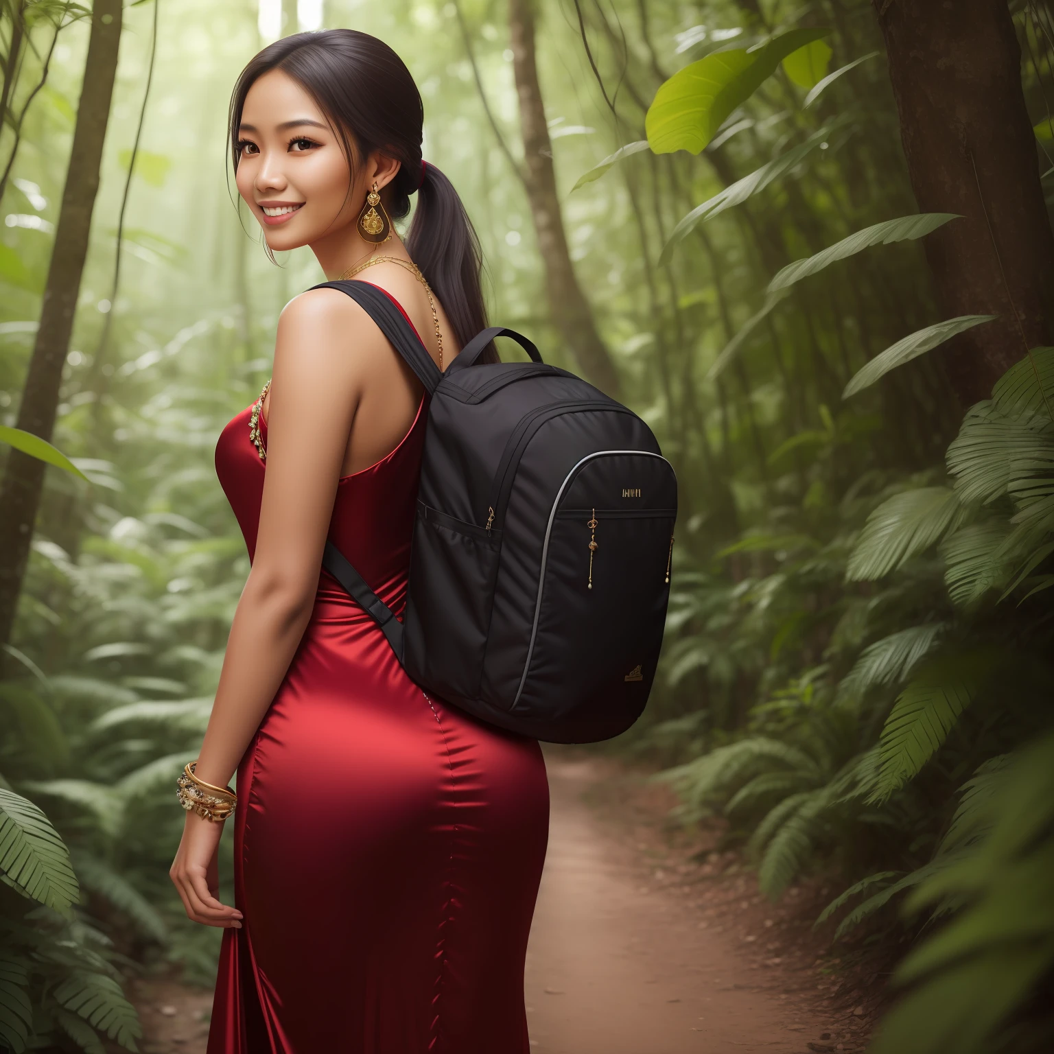(photorealistic:1.ung Indonesian woman looking back over her shoulder and smiling while hiking in a dense forest, long ponytail, wearing a red evening gown and hiking boots, wearing black backpack, lush vegetation, beautiful woman, stunning scenery, red satin evening gown (intricately detailed, embellished with rhinestones), ruby jewelry (earrings, necklace, bracelet)