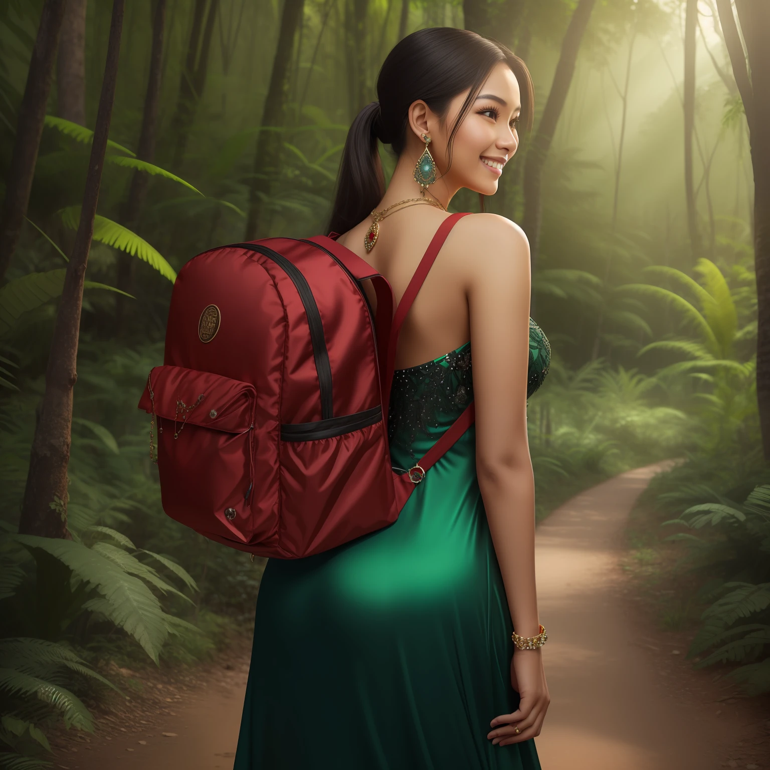 (photorealistic:1.1) Young Indonesian woman looking back over her shoulder and smiling while hiking in a dense forest, long ponytail, wearing a red evening gown and hiking boots, wearing black backpack, lush vegetation, beautiful woman, stunning scenery, red satin evening gown (intricately detailed, embellished with rhinestones), ruby jewelry (earrings, necklace, bracelet)