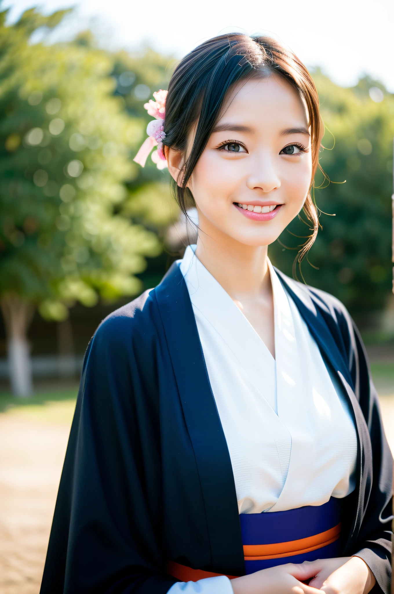 ((Top Quality, 8K, Masterpiece: 1.3)), Sharp Focus: 1.2, (Super Beautiful Face: 1.0), (Slender Abs Beauty: 1.0), (Shiny Skin: 1.0), Realistic Photography, Black Hair, Realistic Pupils, Video Lighting, High Definition Eyes and Face, Video Lighting, (Cowboy Shot: 1.3), (Kimono, Hakama, Obi: 1.4), (Korean Cute Actress), Traditional Kimono, Happy, Watch the audience, From the front, big