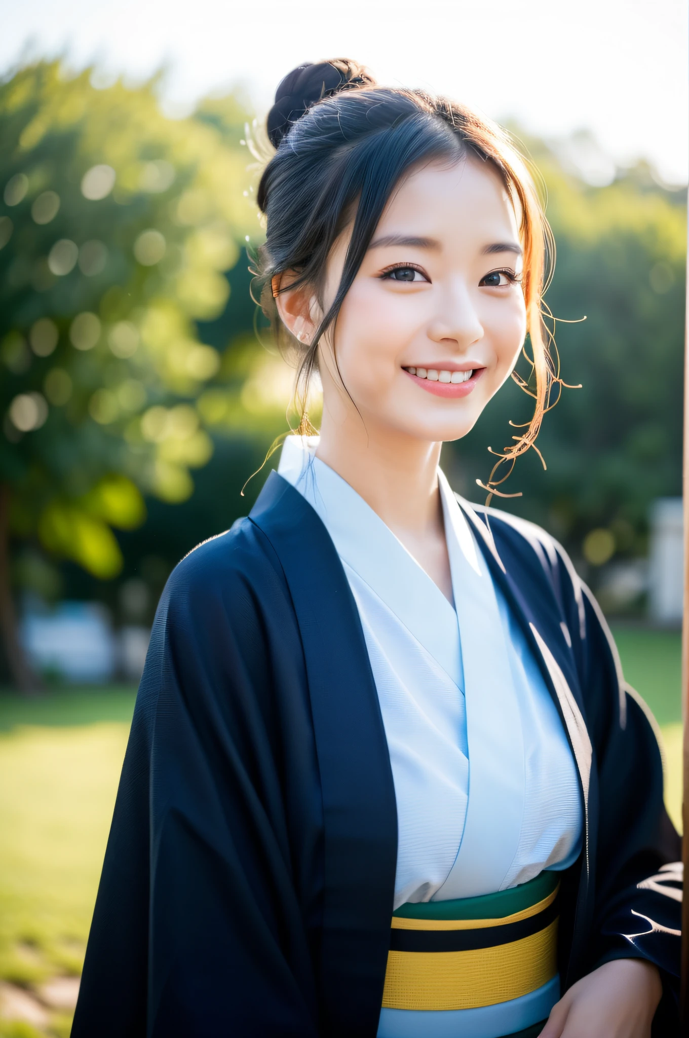 ((Top Quality, 8K, Masterpiece: 1.3)), Sharp Focus: 1.2, (Super Beautiful Face: 1.0), (Slender Abs Beauty: 1.0), (Shiny Skin: 1.0), Realistic Photography, Black Hair, Realistic Pupils, Video Lighting, High Definition Eyes and Face, Video Lighting, (Cowboy Shot: 1.3), (Kimono, Hakama, Obi: 1.4), (Korean Cute Actress), Traditional Kimono, Happy, Watch the audience, From the front, big