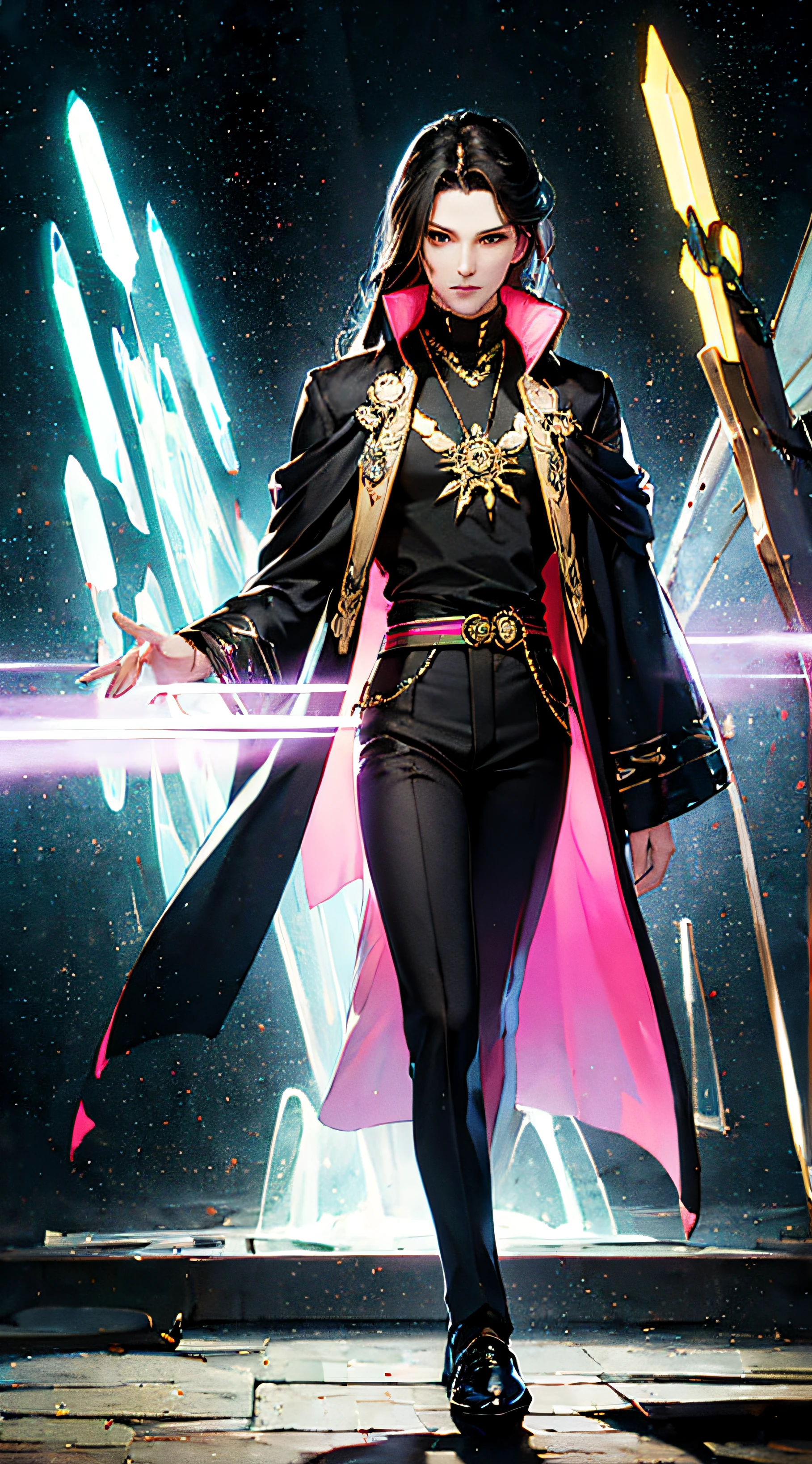 (masterpiece, superior quality, best quality, official art, beautiful and aesthetic), Brazilian, black, detailed face, sexy body, long black hair, full body, violet top and pants, celestial, cosmic, extremely beautiful, highly detailed , (galactic in background), light effects, more detailed, floating particles, ancient runes, geometric patterns, witch powers, mana, shadows, fog, smoke, fantasy, charm, epic atmosphere