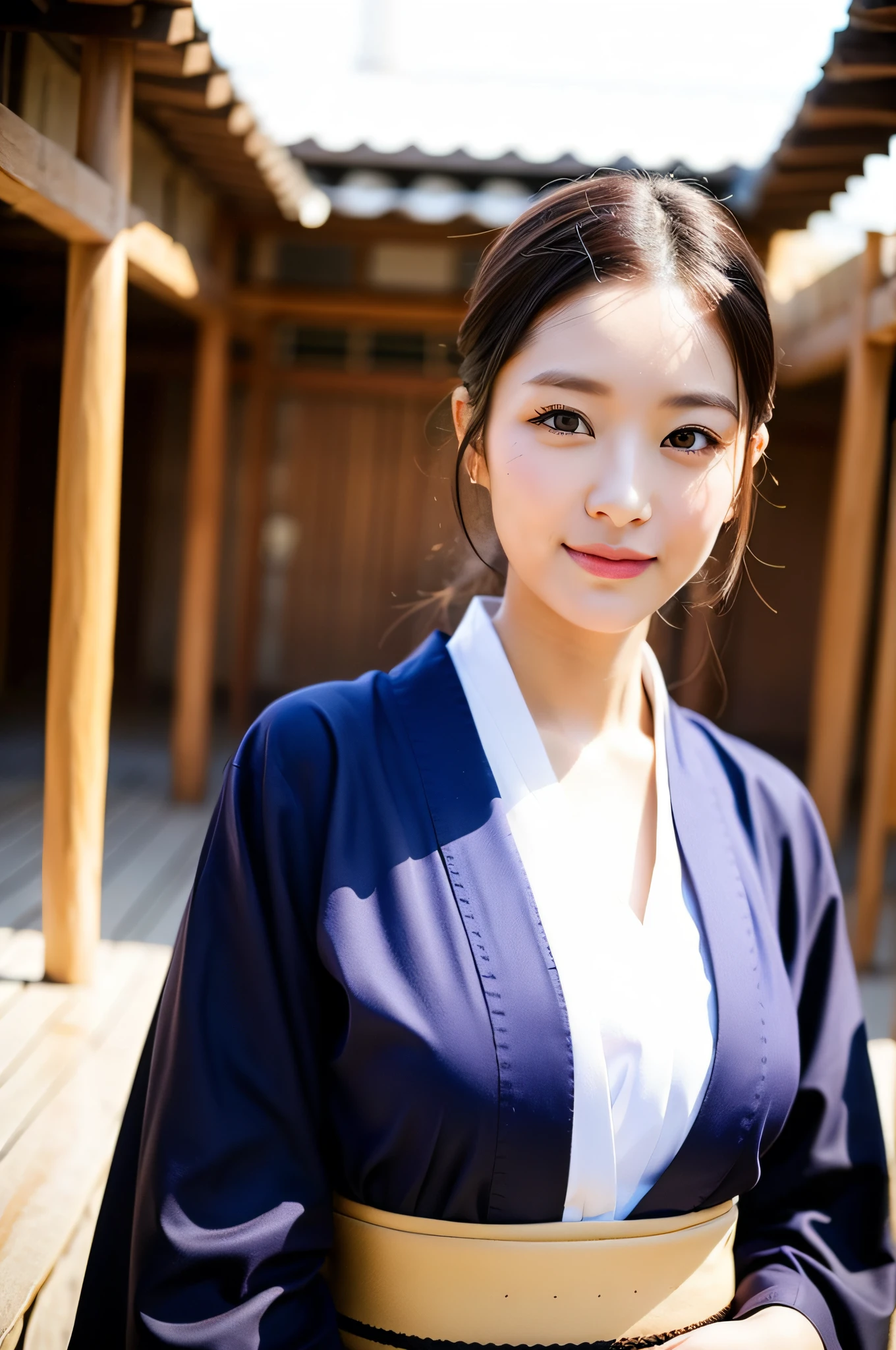((Top Quality, 8K, Masterpiece: 1.3)), Sharp Focus: 1.2, (Super Beautiful Face: 1.0), (Slender Abs Beauty: 1.0), (Shiny Skin: 1.0), Realistic Photography, Black Hair, Realistic Pupils, Video Lighting, High Definition Eyes and Face, Video Lighting, (Cowboy Shot: 1.3), (Kimono, Hakama, Obi: 1.4), (Korean Cute Actress), Traditional Kimono, Happy, Watch the audience, From the front, big
