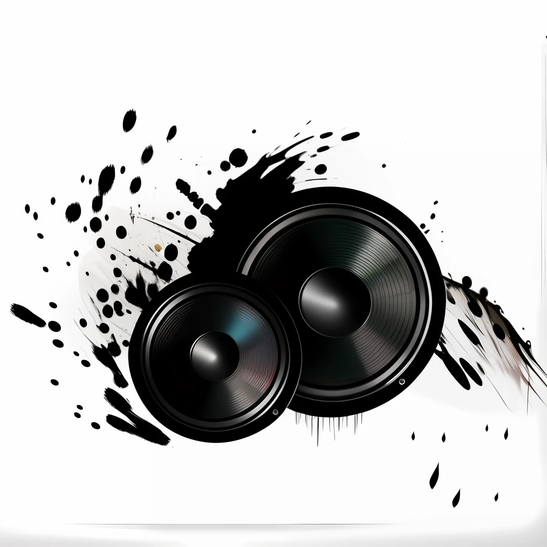 a close up of a pair of speakers with paint splatters, speakers, stage speakers, music theme, phonk music background, music poster, loud music, background artwork, high quality artwork, vinyl, black splashes, abstract high quality, vector artwork, huge speakers, audio equipments, sound, giant speakers, many speakers, artwork, black color on white background