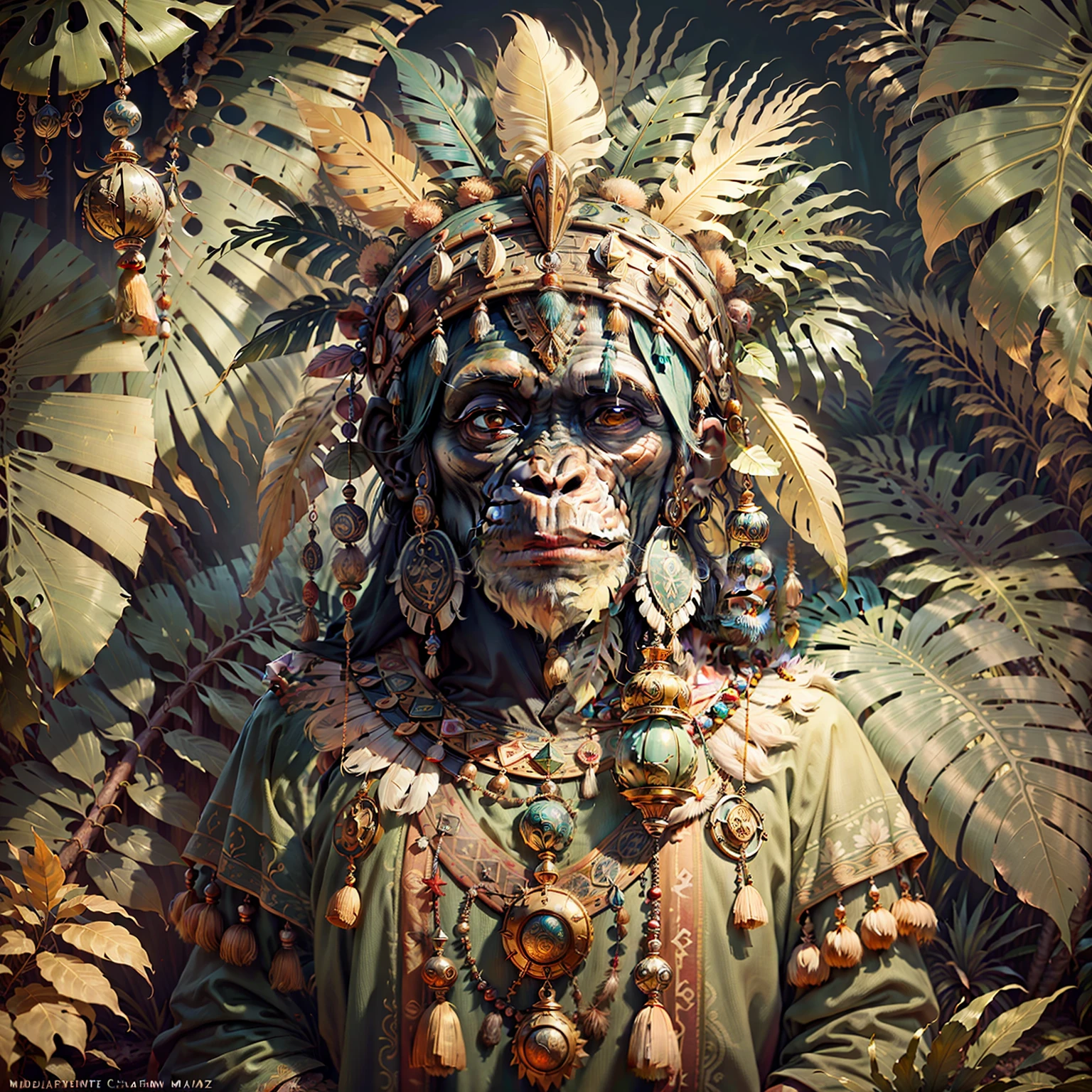 Chimpanzee Head ((Shaman)),,((meditative state),,Shaman, elegant chimpanzee, hair with details, with Indian headdress on head, ((meditating)) many colorful feathers, colorful feathers, facing the camera, detail: dense tropical foliage, highly detailed intricate, ((masterpiece)), ultra hyperrealistic, masterpiece