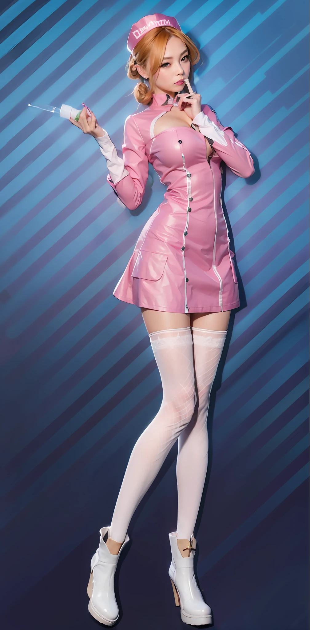 ((Top Quality, 8K, Masterpiece: 1.3)), portrait,Japan person, Nurse, Cool Beauty, pure_eros_v1: 0.8, Pink nurse cap, loosely tied chestnut hair, pink three-quarter sleeve miniskirt with large chest made of fabric, cleavage, middle breast, white shiny arm cover, white fishnet stockings, white leather short boots, syringe, secret examination