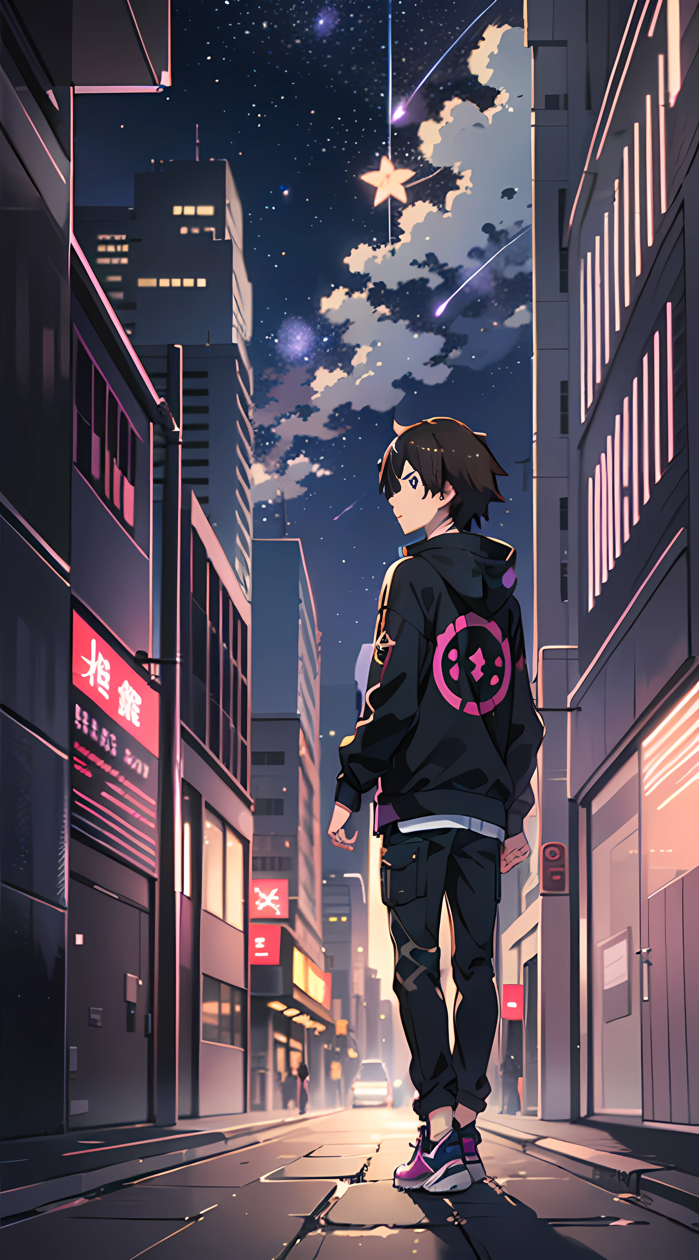(((Makoto Shinkai style)), pixiv, anime drawing, high quality, ultra detailed, highly shadows, highly detailed, a -yeld bon a futuristic city, seen from behind, The boy is wearing a dark purple sweatshirt with lilac lines on the hood, pants black techwear and Nike shoes, pink purple sky, beautiful scene skyscrapers and bright lights, starry sky, stars, medium angle of view, specular dispersion),(universe,magic realism,((makoto shinkai style)) ::0.8),[ Artistic atmosphere, futuristic atmosphere :0.8
