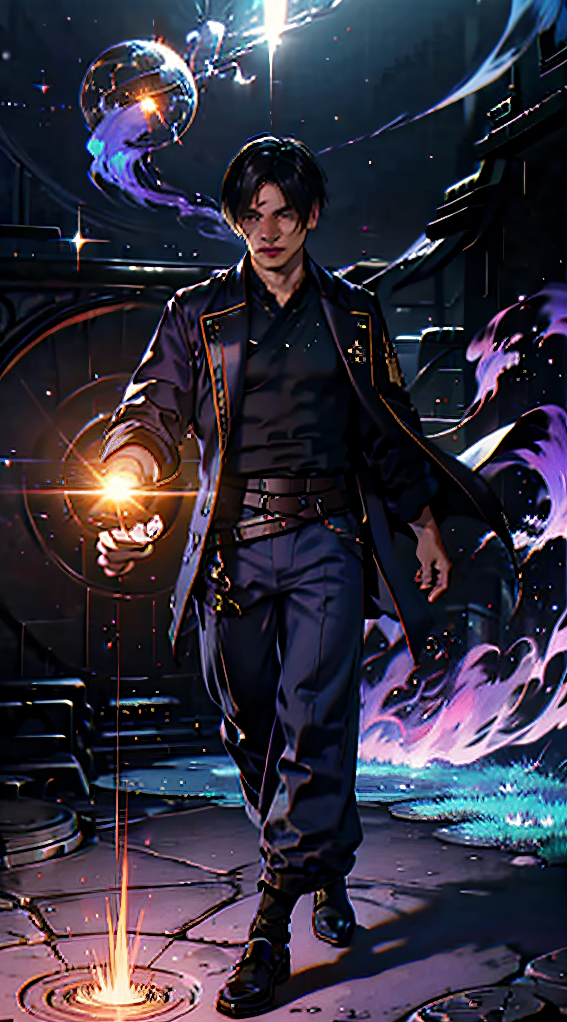 (masterpiece, superior quality, best quality, official art, beautiful and aesthetic), Brazilian, black, detailed face, sexy body, long black hair, full body, violet top and pants, celestial, cosmic, extremely beautiful, highly detailed , (galactic in background), light effects, more detailed, floating particles, ancient runes, geometric patterns, witch powers, mana, shadows, fog, smoke, fantasy, charm, epic atmosphere