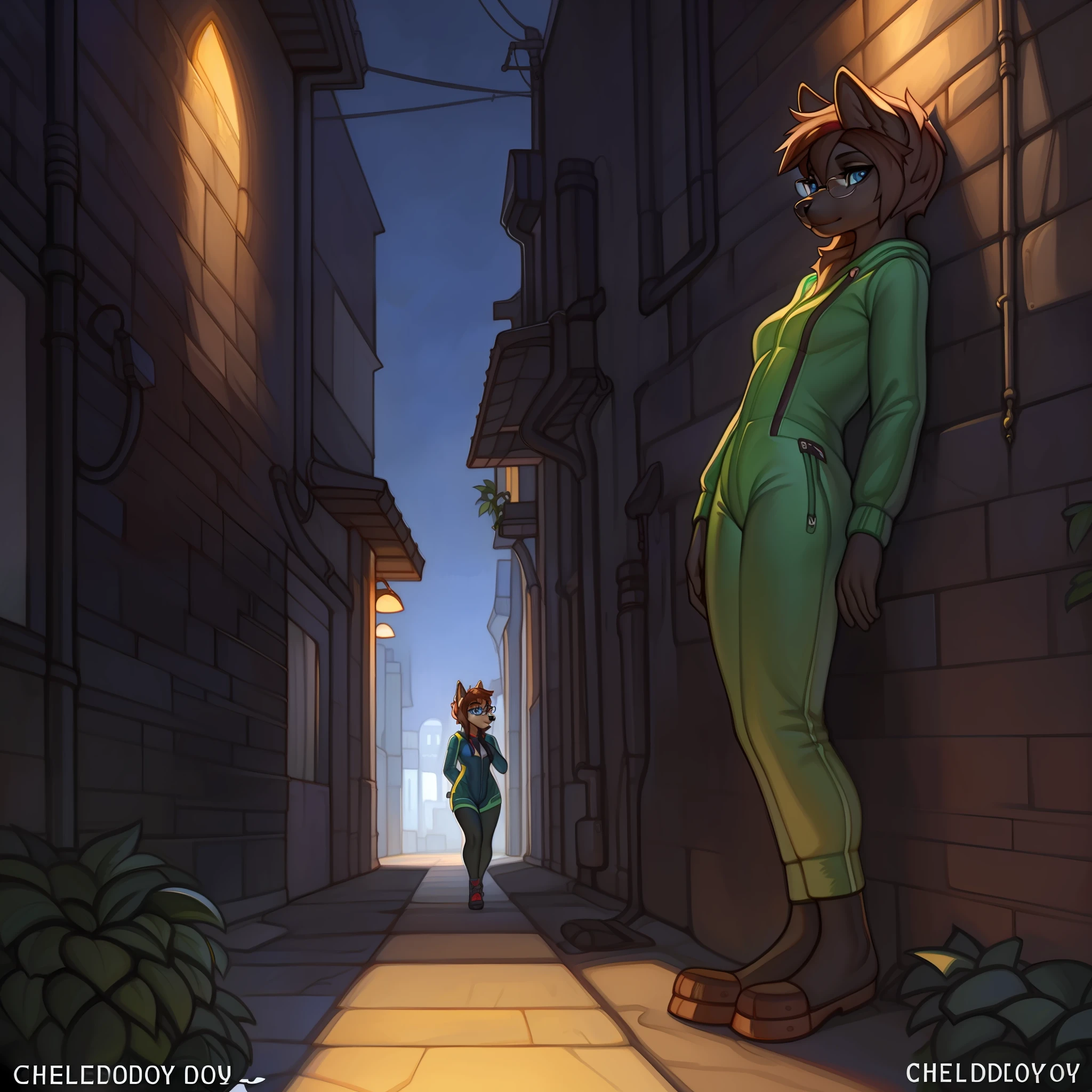 Solo, female, standing, (((by chelodoy))), canine, snout, long snout, glasses, black fur, black body, blue eyes, detailed eyes, detailed hands, green spacesuit, alleyway, plants, golden hour, brown hair, mohawk