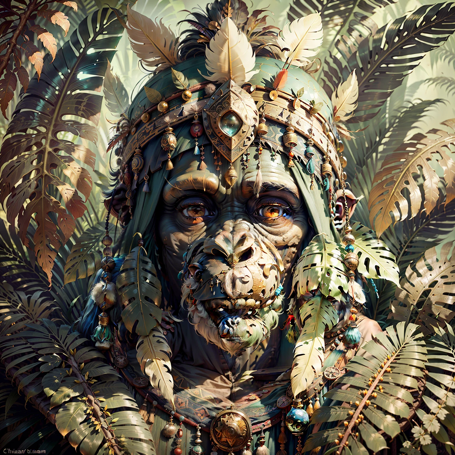 Chimpanzee Head ((Shaman)),,((meditative state),,Shaman, elegant chimpanzee, hair with details, with Indian headdress on head, ((meditating)) many colorful feathers, colorful feathers, facing the camera, detail: dense tropical foliage, highly detailed intricate, ((masterpiece)), ultra hyperrealistic, masterpiece