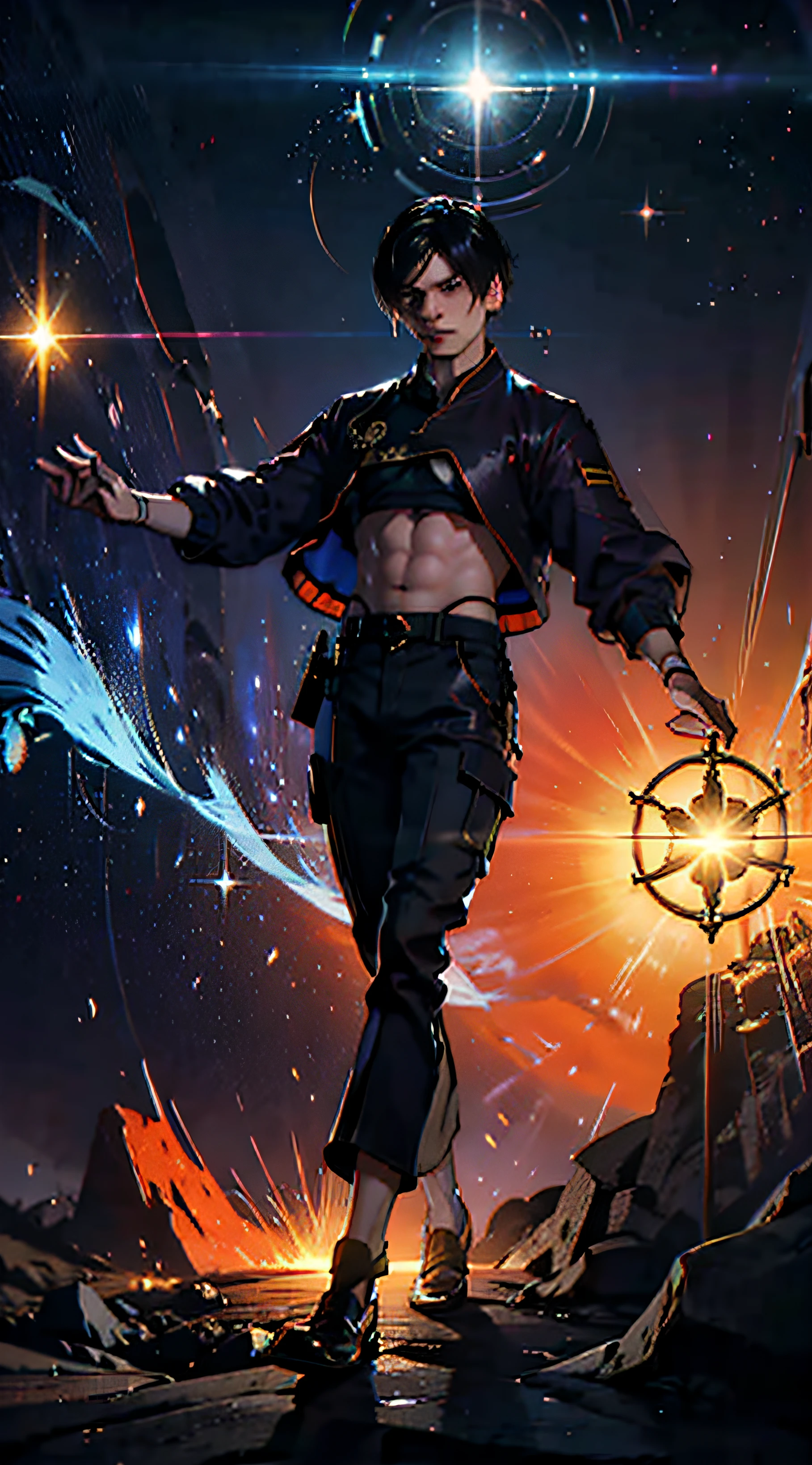 (masterpiece, superior quality, best quality, official art, beautiful and aesthetic), Brazilian, black, detailed face, sexy body, long black hair, full body, violet top and pants, celestial, cosmic, extremely beautiful, highly detailed , (galactic in background), light effects, more detailed, floating particles, ancient runes, geometric patterns, witch powers, mana, shadows, fog, smoke, fantasy, charm, epic atmosphere