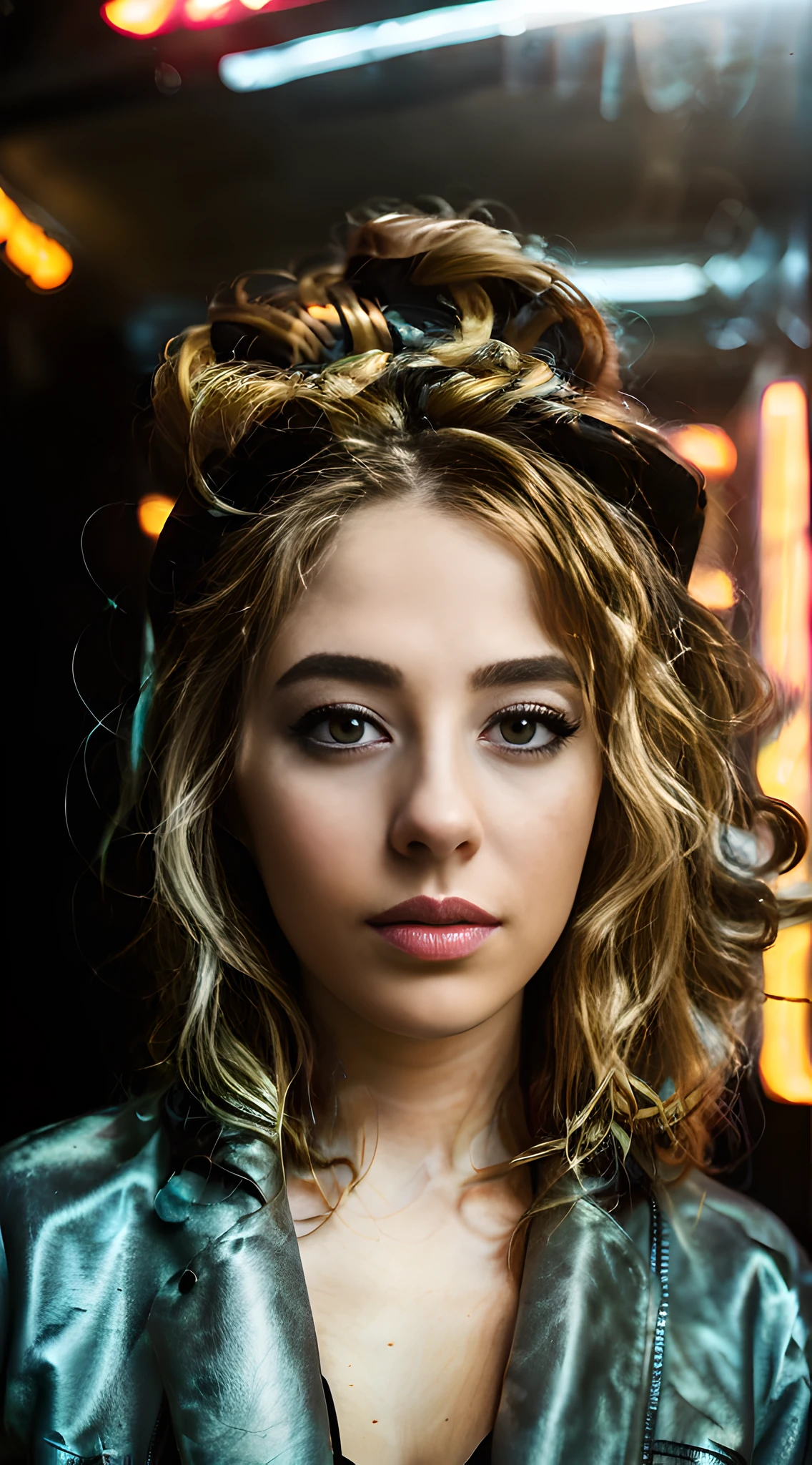 blond woman with curly hair and leather jacket posing for a picture, portrait color glamour, fashion model face, portrait of a beautiful model, her face framed with curls, portrait fashion model, portrait shot, blonde hair and large eyes, sci - fi look, fashion model portrait, color portrait, editorial portrait, beauty retouch, color photograph portrait 4k