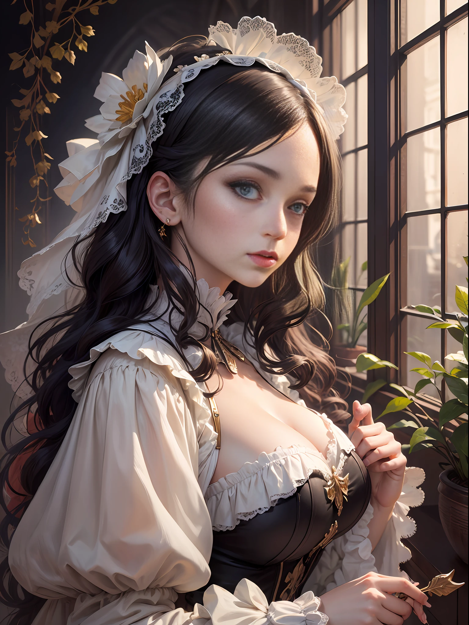 (Pure Color: 0.9), (Color: 1.1), (Masterpiece: 1,2), Best Quality, Masterpiece, High Resolution, Original, Highly Detailed Wallpaper, Beauty, Beauty, Victorian, Dress, Melancholy, Big Breasts, --auto --s2