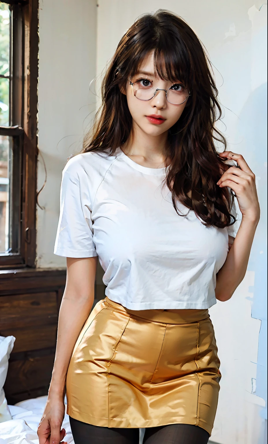 ulzzang-6500-v1.1, (rough photo: 1.2), (photorealistic: 1.4), beautiful girl detailed, eyes and face very detailed, beautiful eyes detailed, ridiculous, incredibly ridiculous, huge file size, super detailed, high resolution, very detailed, best quality, masterpiece, ((t-shirt)), illustration, very detailed, CG, unified, 8k wallpaper, amazing, fine details, masterpiece, best quality, very detailed CG uniform 8k wallpaper, facial light, film lighting, 1girl, , long white hair, split sides, (large breasts), (no panties)), (glasses), (dynamic pose), (sexy pose), ((camel finger))), (half), (pantyhose)), ((black hip skirt)), (bent knees)))))