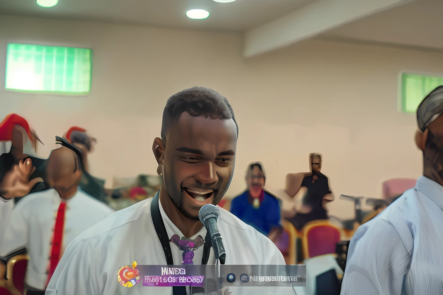 there are two men standing in a room with a microphone, captured on canon eos r 6, shot on nikon z9, by Chinwe Chukwuogo-Roy, shot on sony a 7 iii, shot on canon eos r5, shot on canon eos r 5, with a happy expression, shot with canon eoa 6 d mark ii