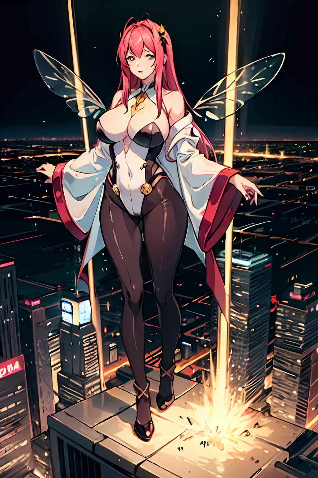 1girl, (huge chest), long legs, thick legs, bee superhero theme, (bodysuit) bee wings, sting, yellow, cyand, brown, dark gray, pink, short pink hair with insect antennae, bee makeup face, cameltoe, sleeve, sparks, shiny particles, bees, honey spilled on chest, (((city))), third ruler, full body, bright colors, big ass